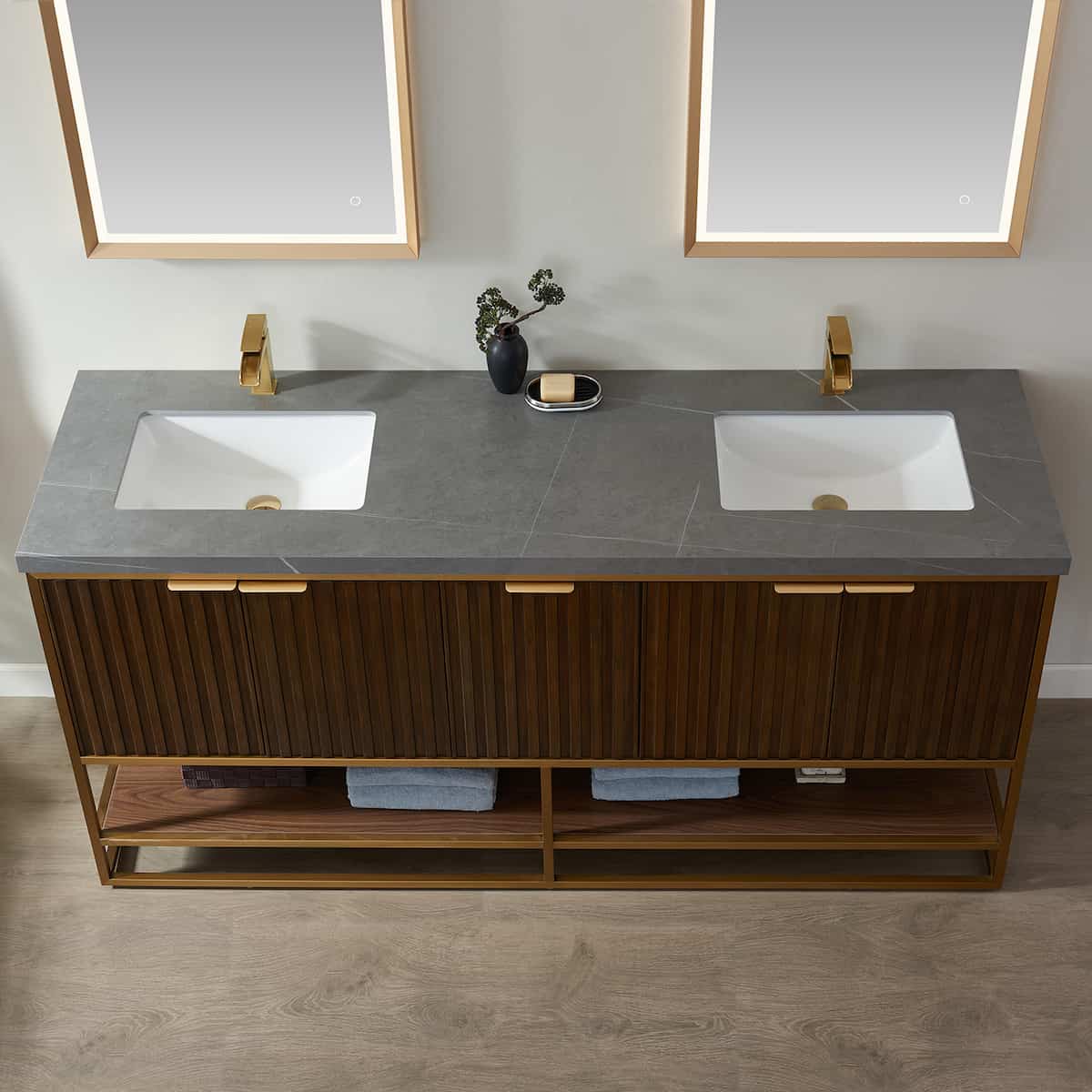 Vinnova Donostia 72 Inch Freestanding Double Vanity in Walnut with Grey Composite Armani Limestone Board Stone Countertop With Mirrors Counter 737072-NLW-ALB