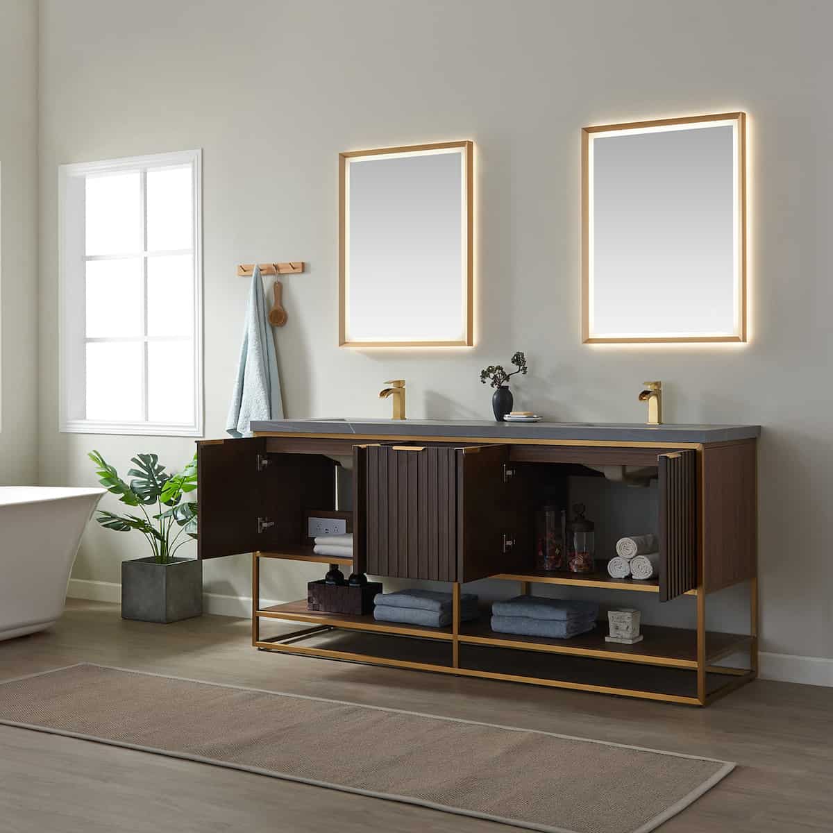 Vinnova Donostia 72 Inch Freestanding Double Vanity in Walnut with Grey Composite Armani Limestone Board Stone Countertop With Mirrors Inside 737072-NLW-ALB