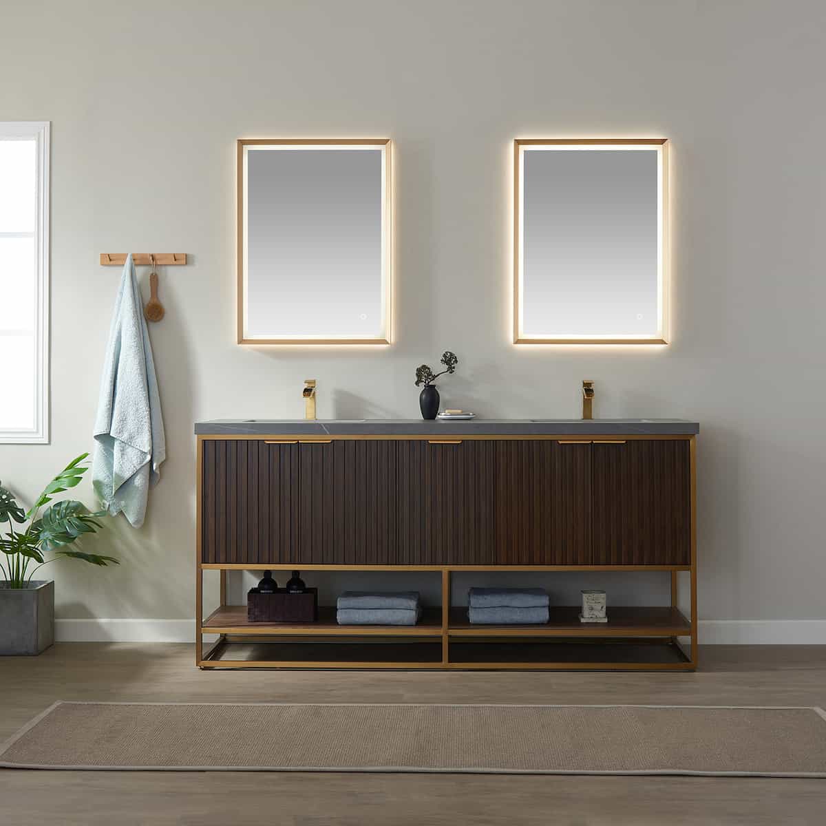 Vinnova Donostia 72 Inch Freestanding Double Vanity in Walnut with Grey Composite Armani Limestone Board Stone Countertop With Mirrors in Bathroom 737072-NLW-ALB