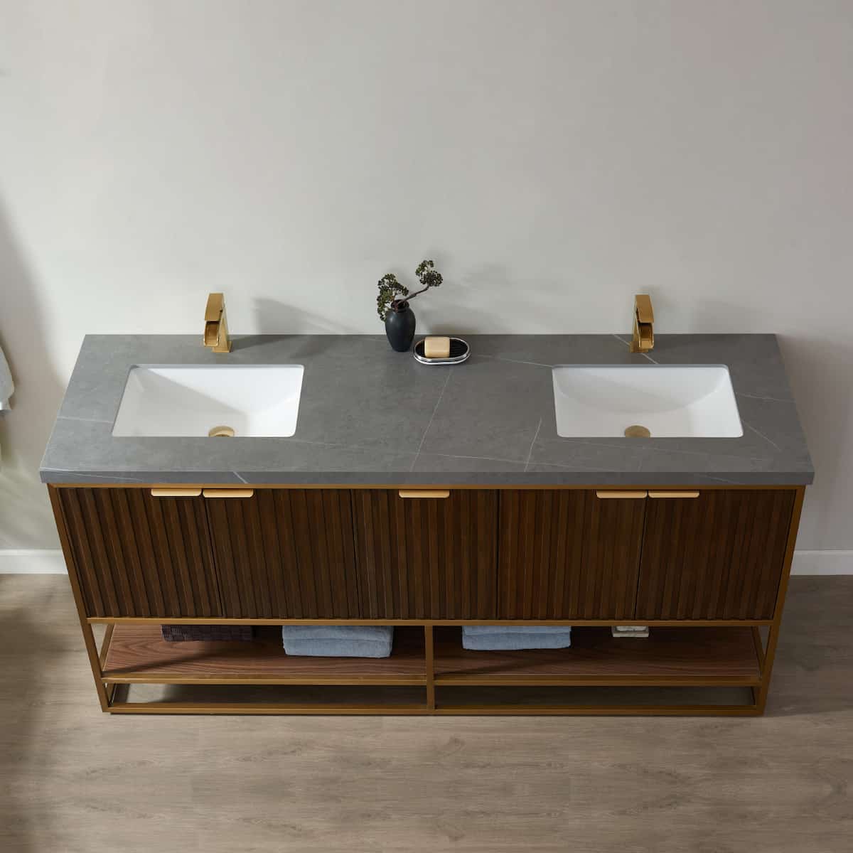Vinnova Donostia 72 Inch Freestanding Double Vanity in Walnut with Grey Composite Armani Limestone Board Stone Countertop Without Mirrors Counter 737072-NLW-ALB-NM