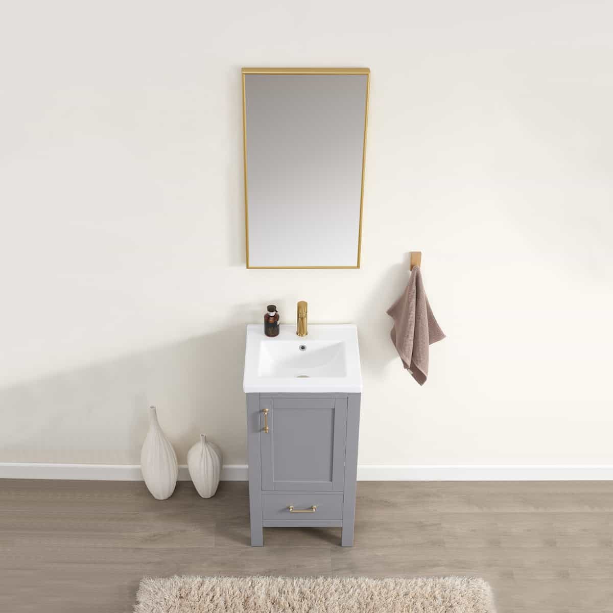 Vinnova Gela 18 Inch Grey Freestanding Single Sink Bath Vanity with Drop-In White Ceramic Basin With Mirror Counter 723018-GR-WH