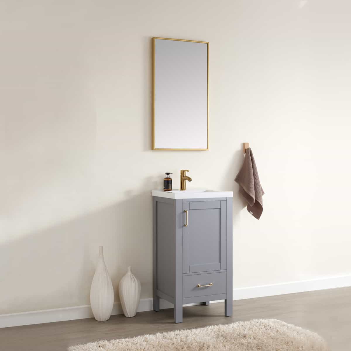 Vinnova Gela 18 Inch Grey Freestanding Single Sink Bath Vanity with Drop-In White Ceramic Basin With Mirror Side 723018-GR-WH