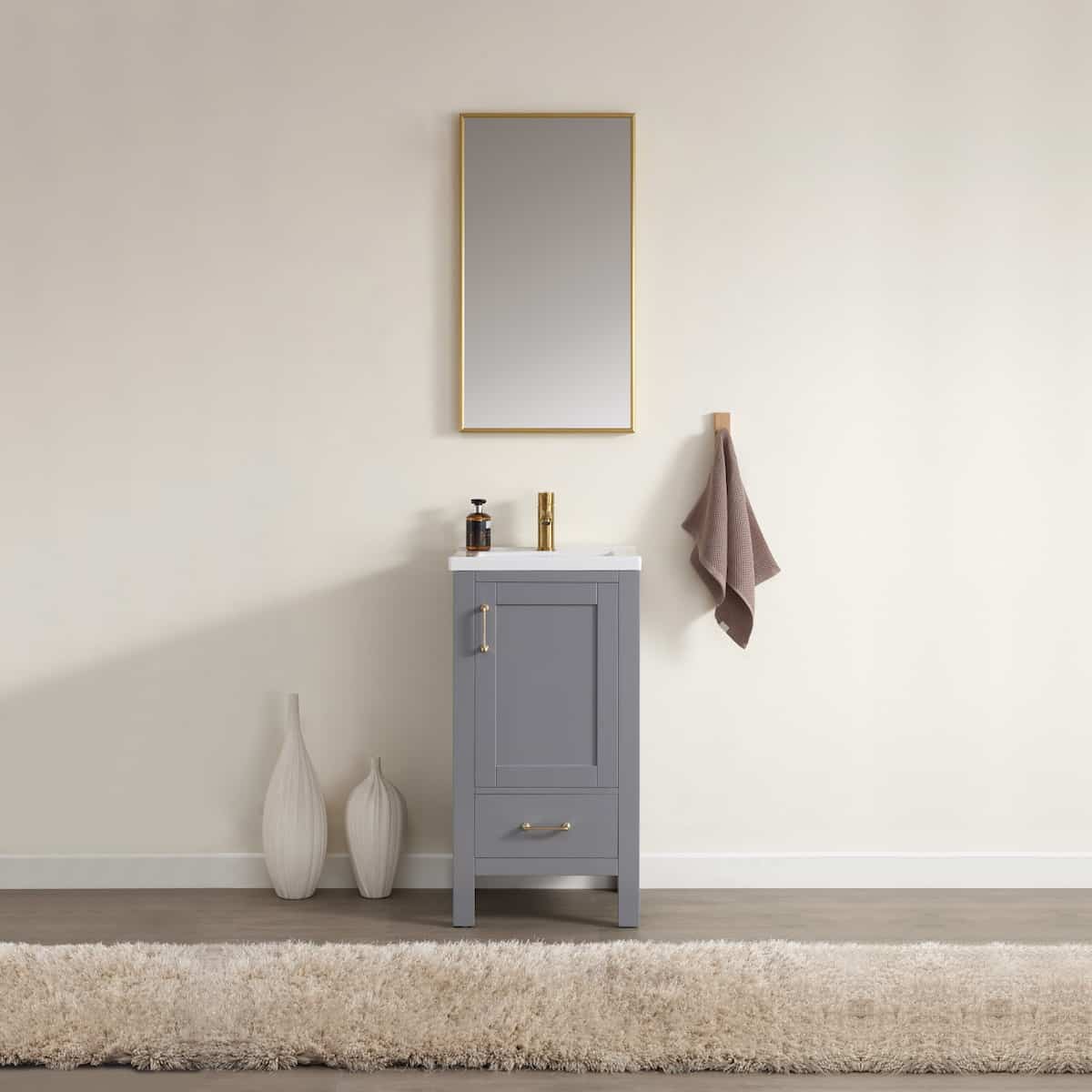 Vinnova Gela 18 Inch Grey Freestanding Single Sink Bath Vanity with Drop-In White Ceramic Basin With Mirror in Bathroom 723018-GR-WH