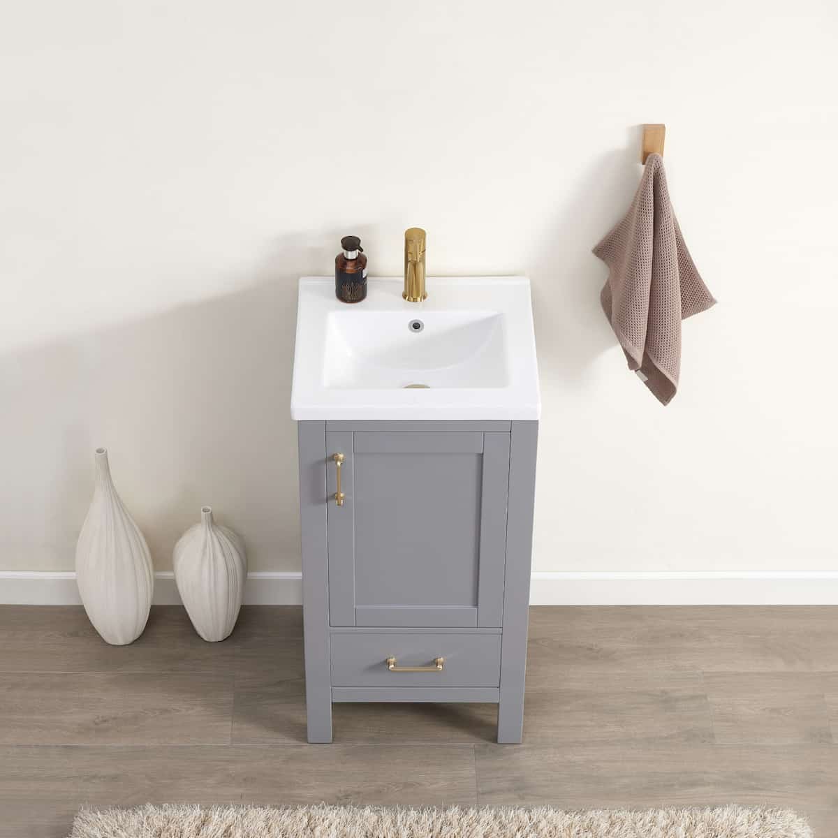 Vinnova Gela 18 Inch Grey Freestanding Single Sink Bath Vanity with Drop-In White Ceramic Basin Without Mirror Counter 723018-GR-WH-NM