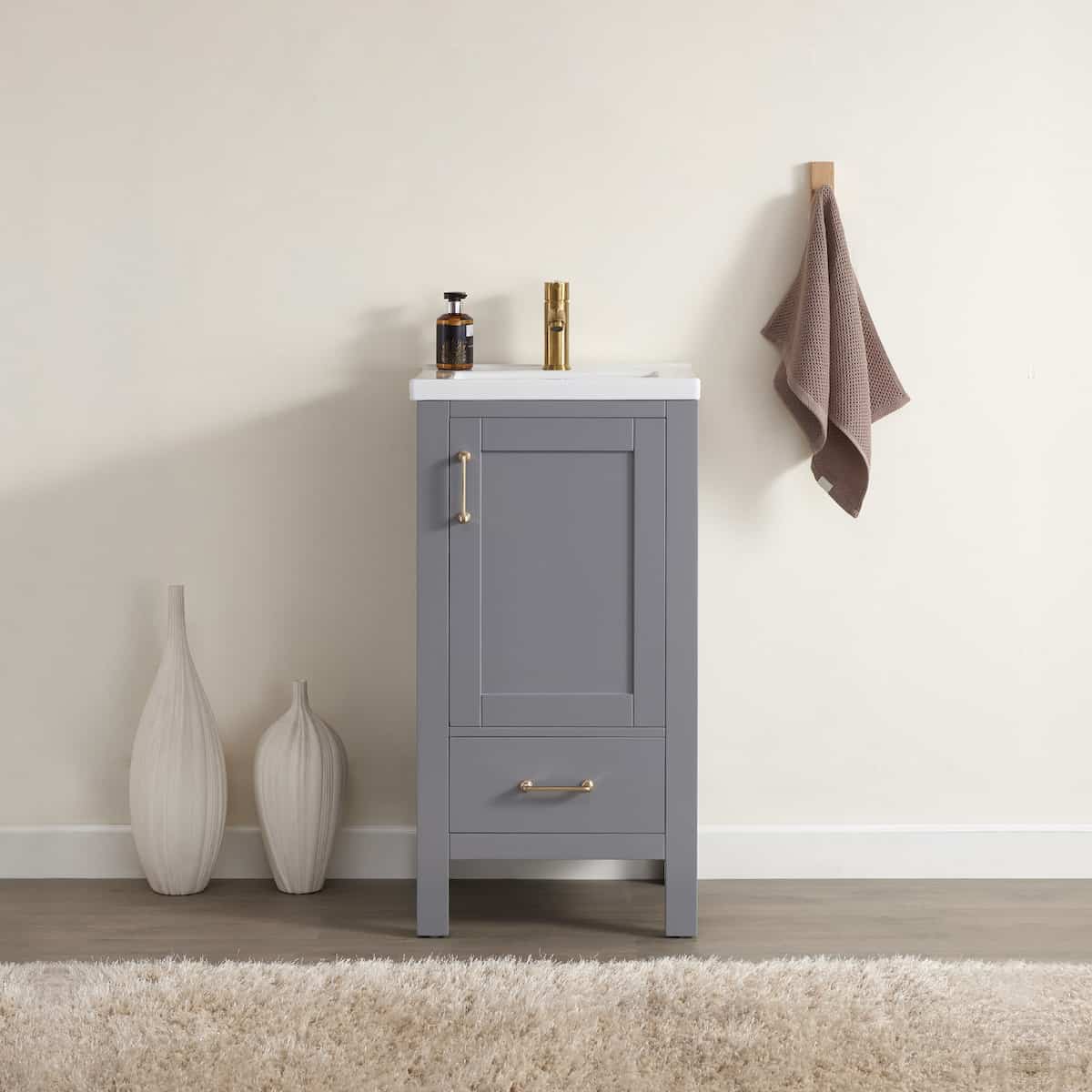 Vinnova Gela 18 Inch Grey Freestanding Single Sink Bath Vanity with Drop-In White Ceramic Basin Without Mirror in Bathroom 723018-GR-WH-NM