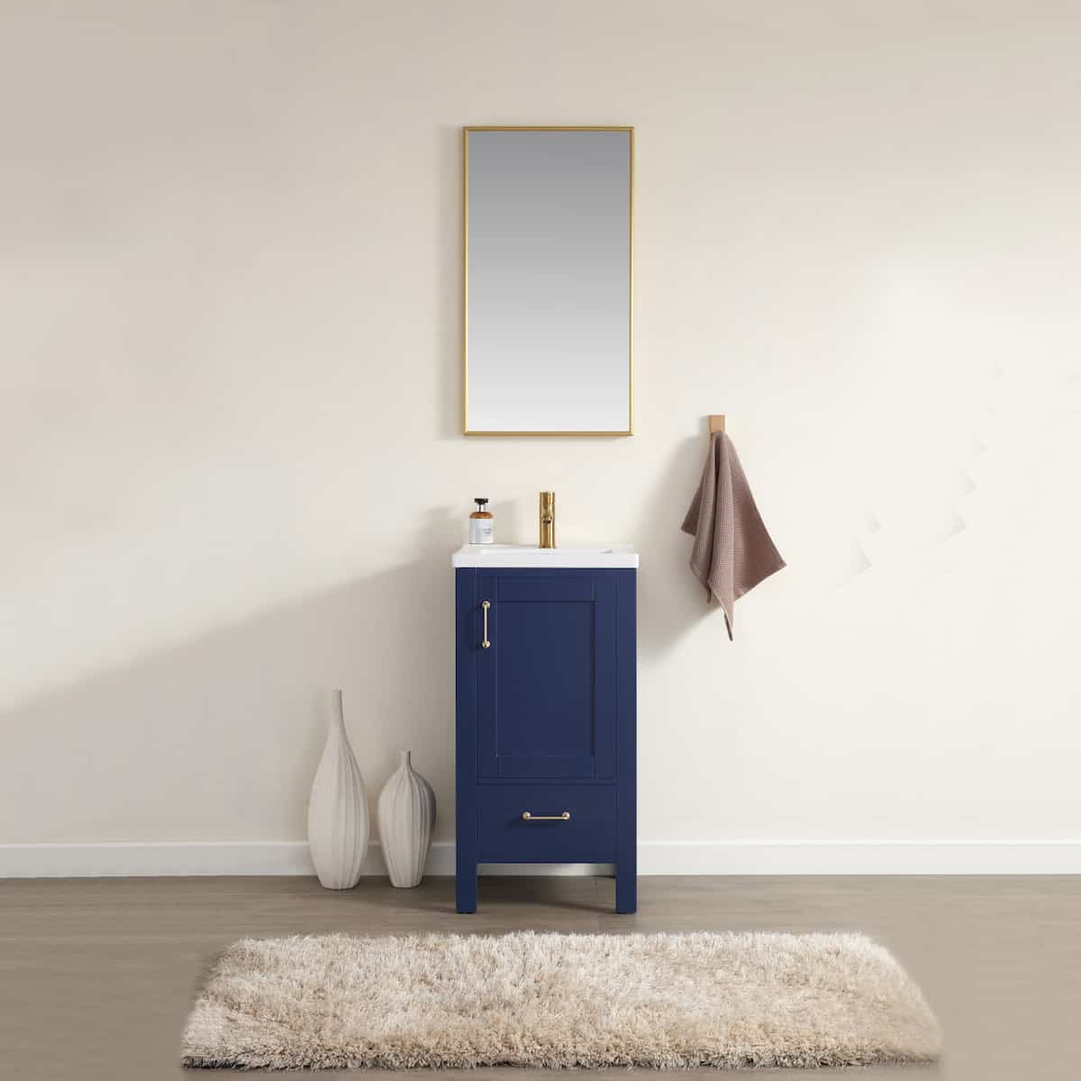 Vinnova Gela 18 Inch Royal Blue Freestanding Single Sink Bath Vanity with Drop-In White Ceramic Basin With Mirror In Bathroom 723018—RB-WH