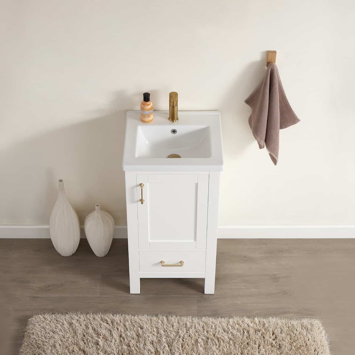 Vinnova Gela 18 Inch White Freestanding Single Sink Bath Vanity with Drop-In White Ceramic Basin Without Mirror Counter 723018-WH-WH-NM