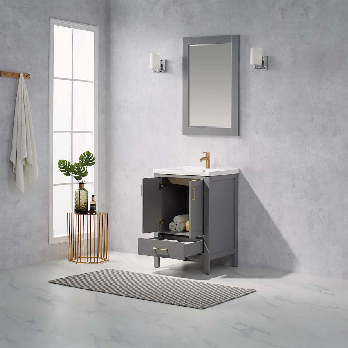 Vinnova Gela 24 Inch Grey Freestanding Single Sink Bath Vanity with Drop-In White Ceramic Basin With Mirror Inside 723024-GR-WH