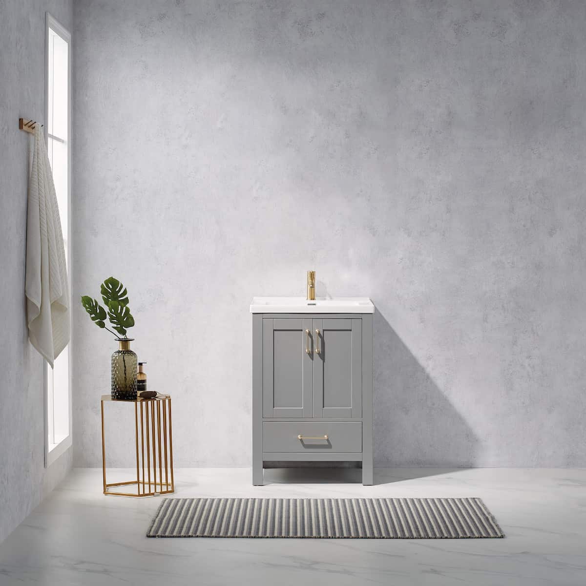 Vinnova Gela 24 Inch Grey Freestanding Single Sink Bath Vanity with Drop-In White Ceramic Basin Without Mirror In Bathroom 723024—GR-WH-NM