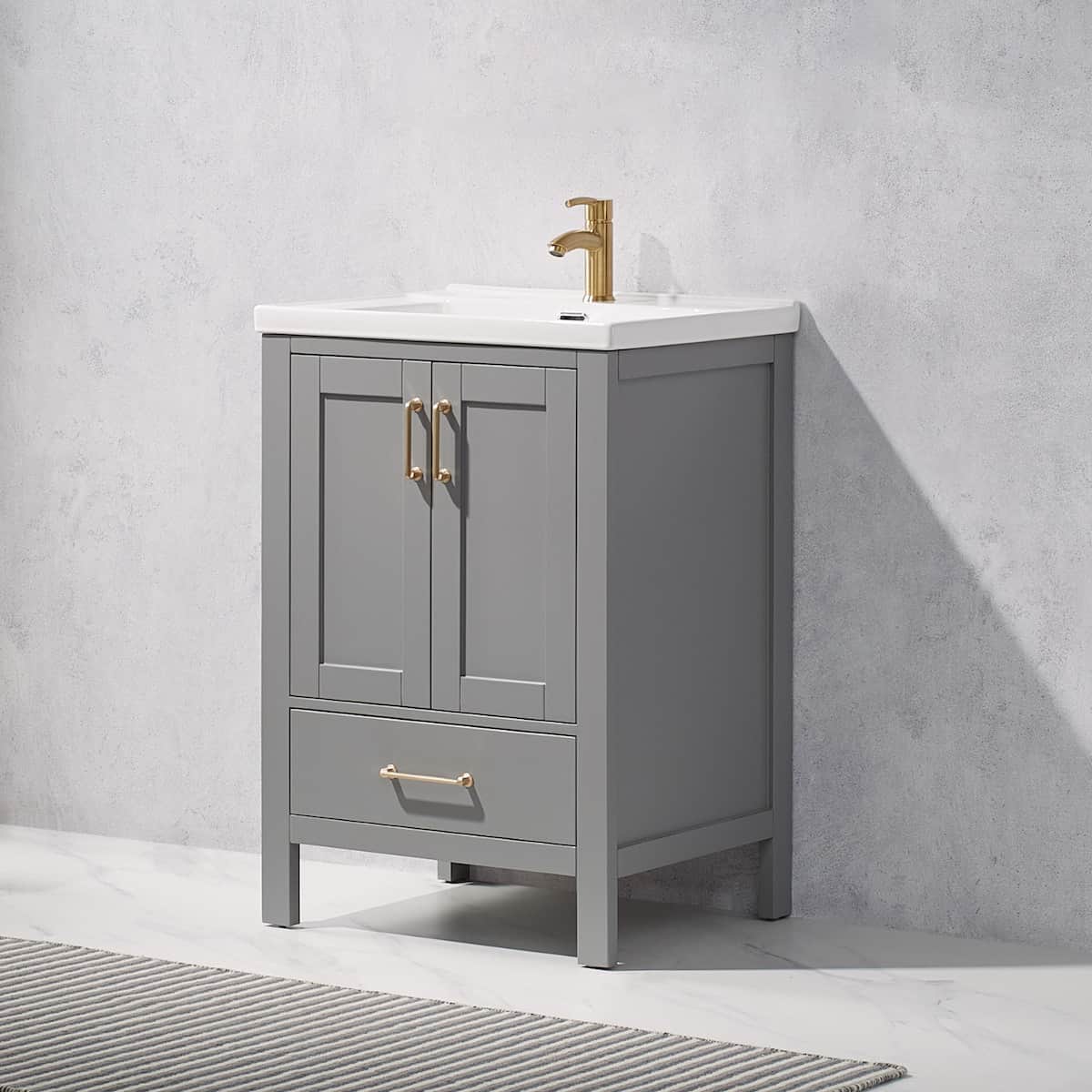 Vinnova Gela 24 Inch Grey Freestanding Single Sink Bath Vanity with Drop-In White Ceramic Basin Without Mirror Right Side 723024—GR-WH-NM