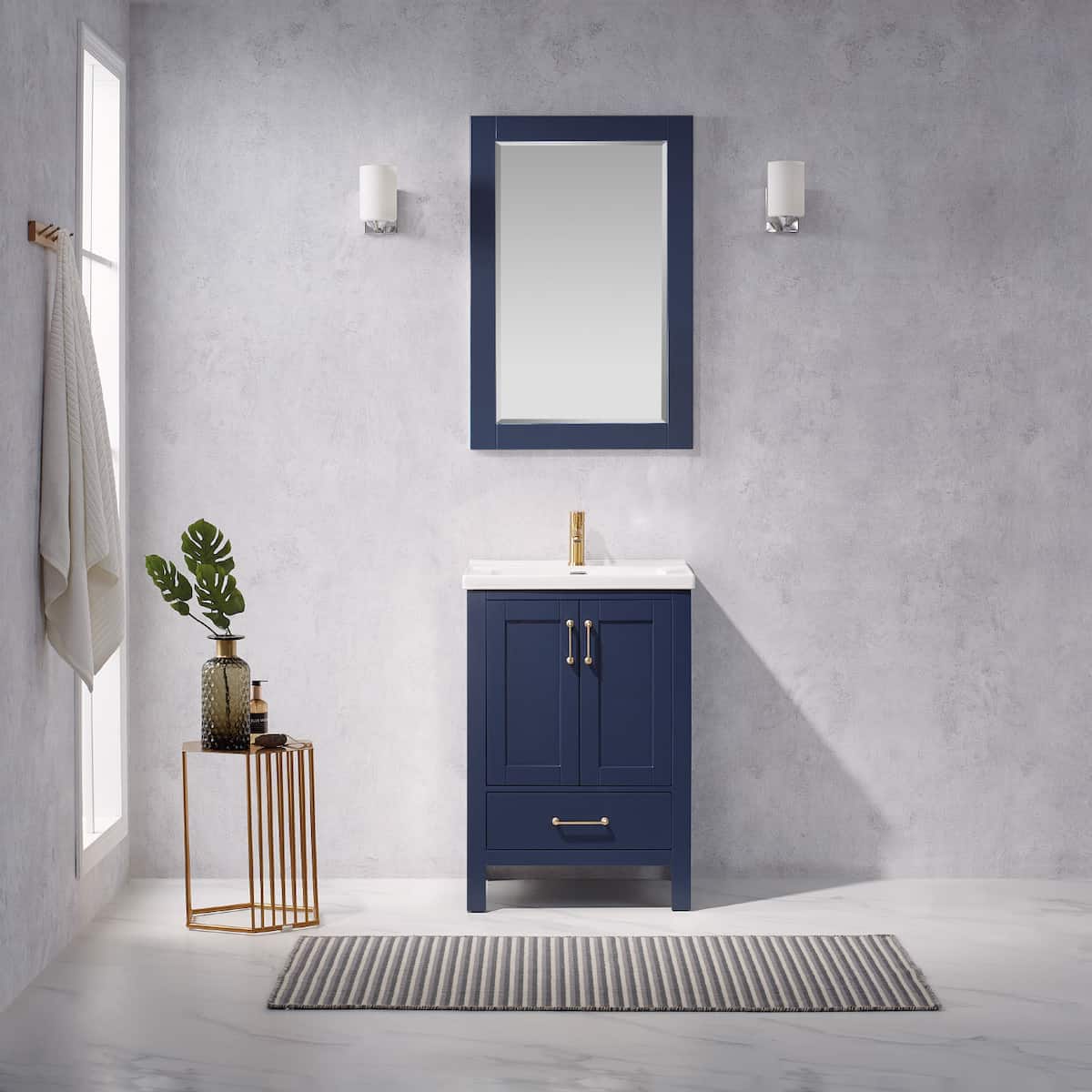 Vinnova Gela 24 Inch Royal Blue Freestanding Single Sink Bath Vanity with Drop-In White Ceramic Basin With Mirror In Bathroom 723024-RB-WH
