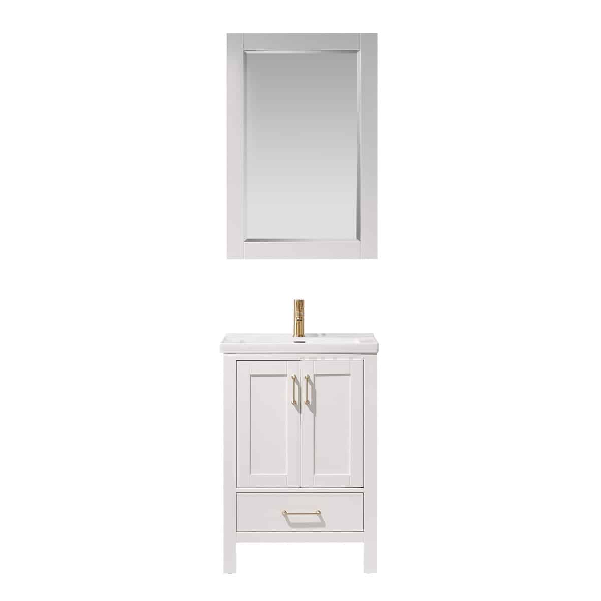 Vinnova Gela 24 Inch White Freestanding Single Sink Bath Vanity with Drop-In White Ceramic Basin With Mirror 723024-WH-WH