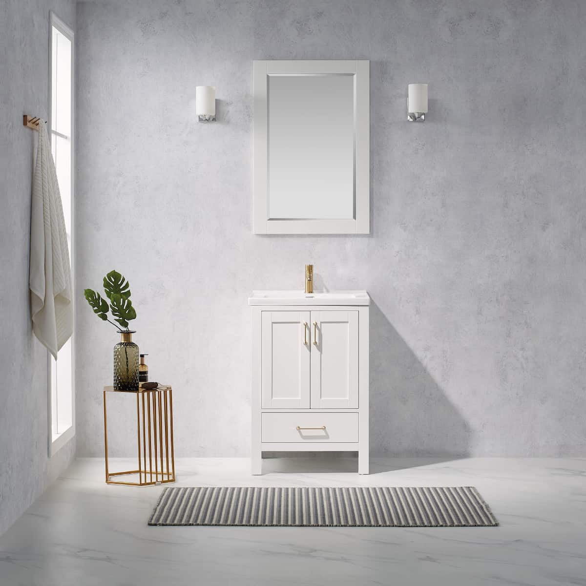 Vinnova Gela 24 Inch White Freestanding Single Sink Bath Vanity with Drop-In White Ceramic Basin With Mirror In Bathroom 723024-WH-WH