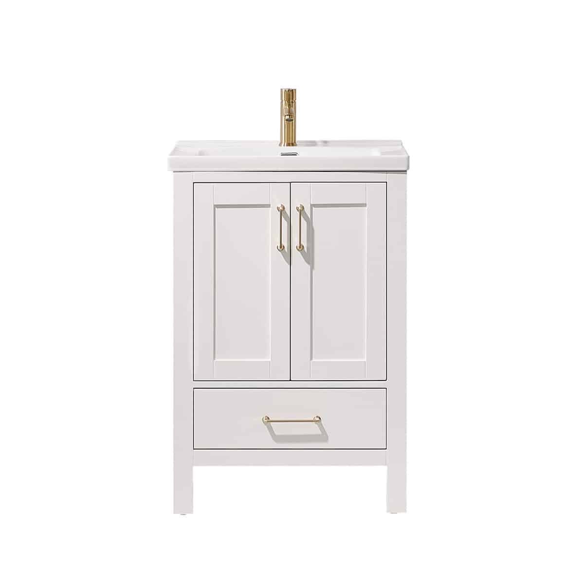 Vinnova Gela 24 Inch White Freestanding Single Sink Bath Vanity with Drop-In White Ceramic Basin Without Mirror 723024-WH-WH-NM