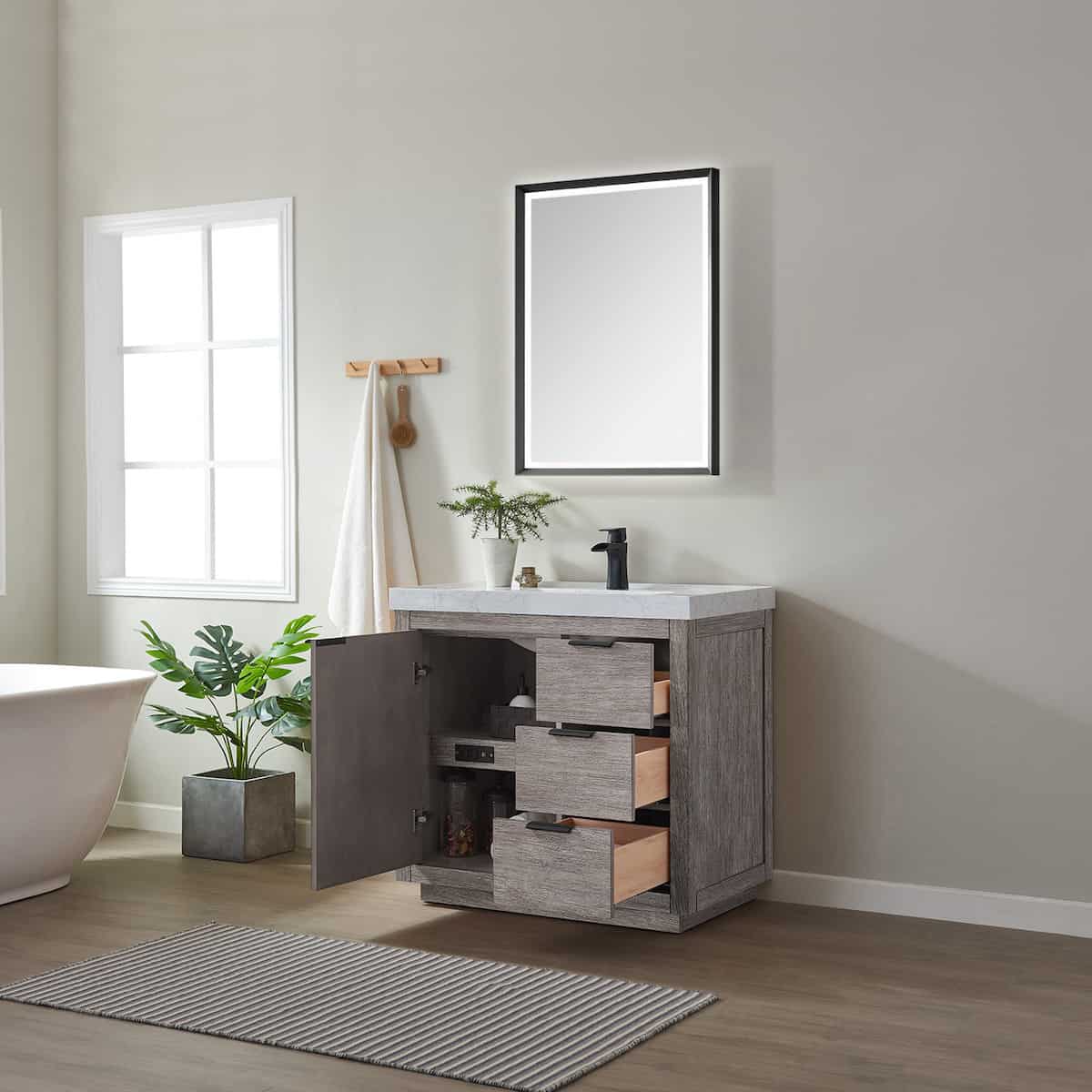 Vinnova Leiza 36 Inch Freestanding Single Sink Vanity in Classical Grey with White Composite Grain Countertop With Mirror Inside 701536-CR-GW