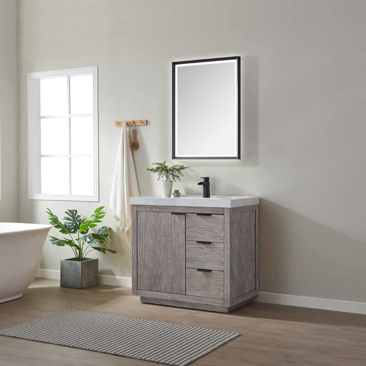 Vinnova Leiza 36 Inch Freestanding Single Sink Vanity in Classical Grey with White Composite Grain Countertop With Mirror Side 701536-CR-GW
