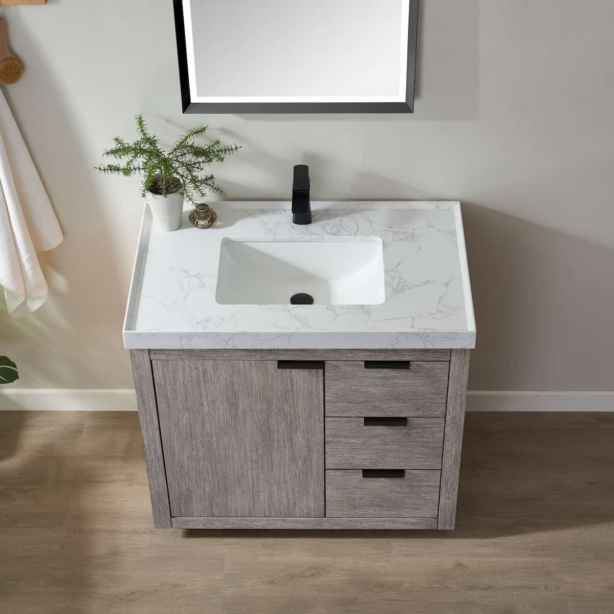 Vinnova Leiza 36 Inch Freestanding Single Sink Vanity in Classical Grey with White Composite Grain Countertop With Mirror Sink 701536-CR-GW