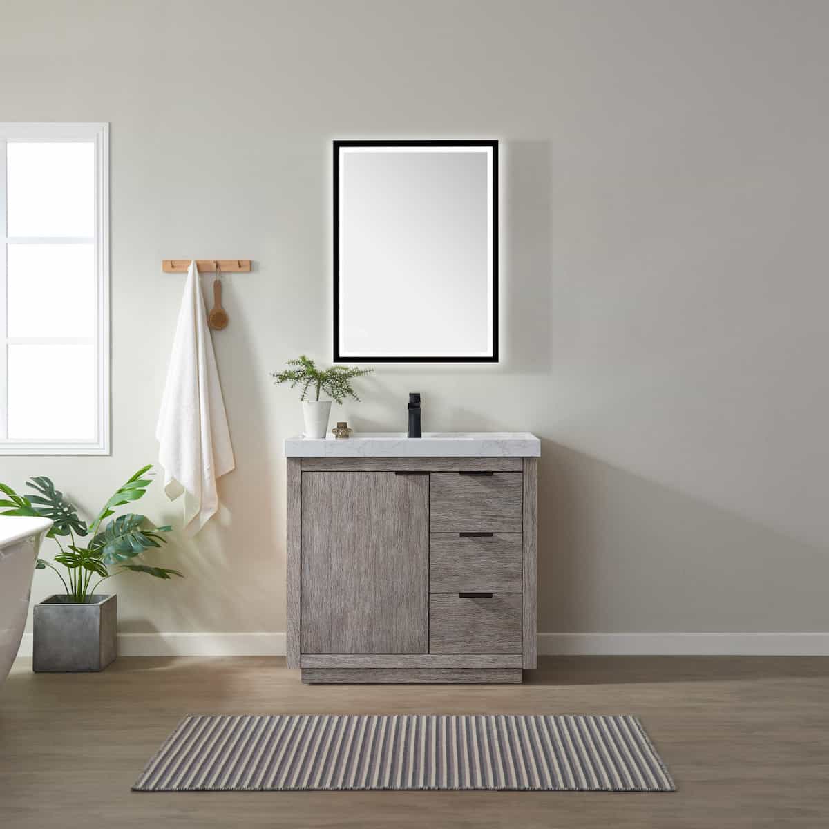 Vinnova Leiza 36 Inch Freestanding Single Sink Vanity in Classical Grey with White Composite Grain Countertop With Mirror in Bathroom 701536-CR-GW