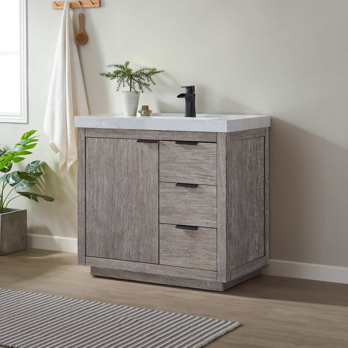 Vinnova Leiza 36 Inch Freestanding Single Sink Vanity in Classical Grey with White Composite Grain Countertop Without Mirror Side 701536-CR-GW-NM