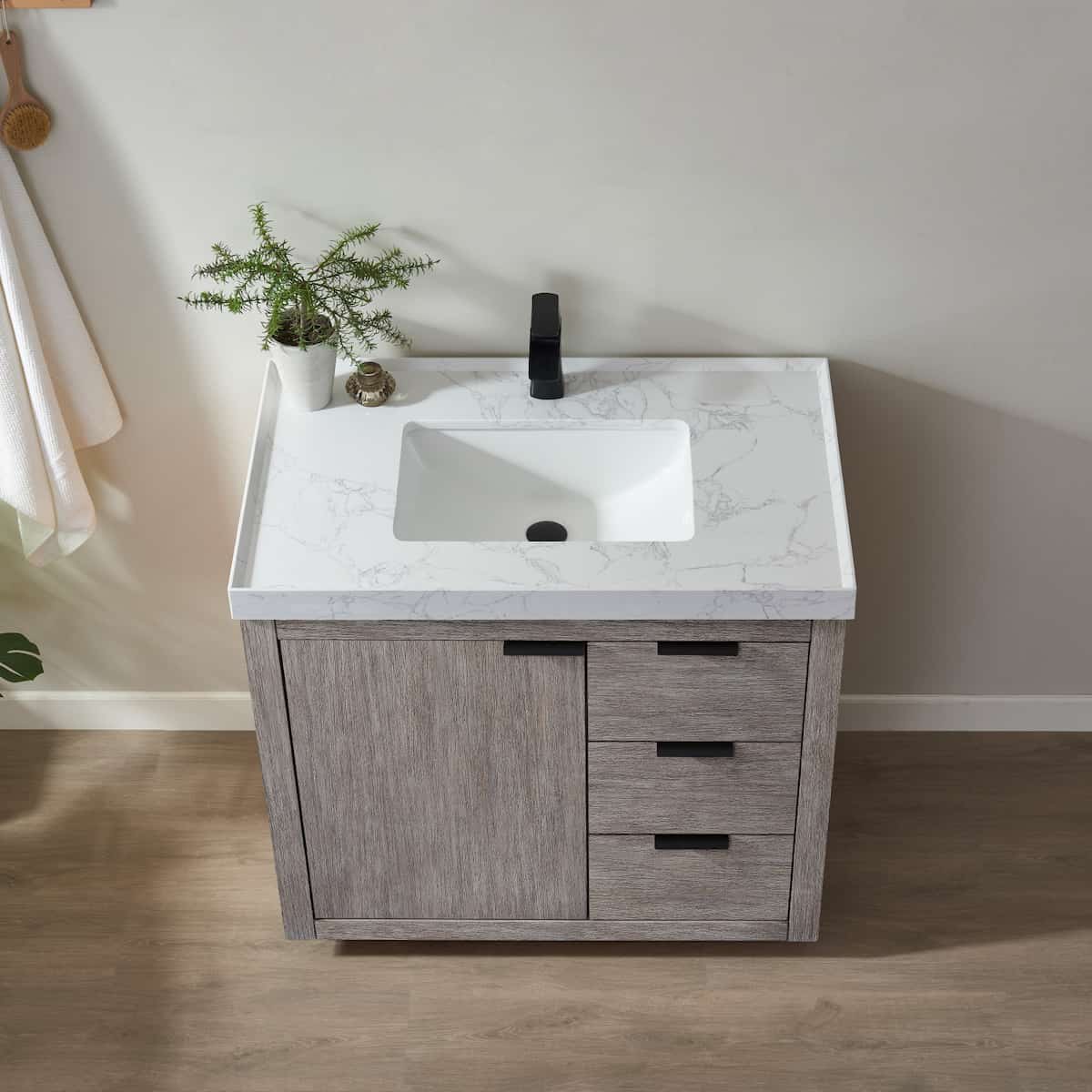 Vinnova Leiza 36 Inch Freestanding Single Sink Vanity in Classical Grey with White Composite Grain Countertop Without Mirror Sink 701536-CR-GW-NM