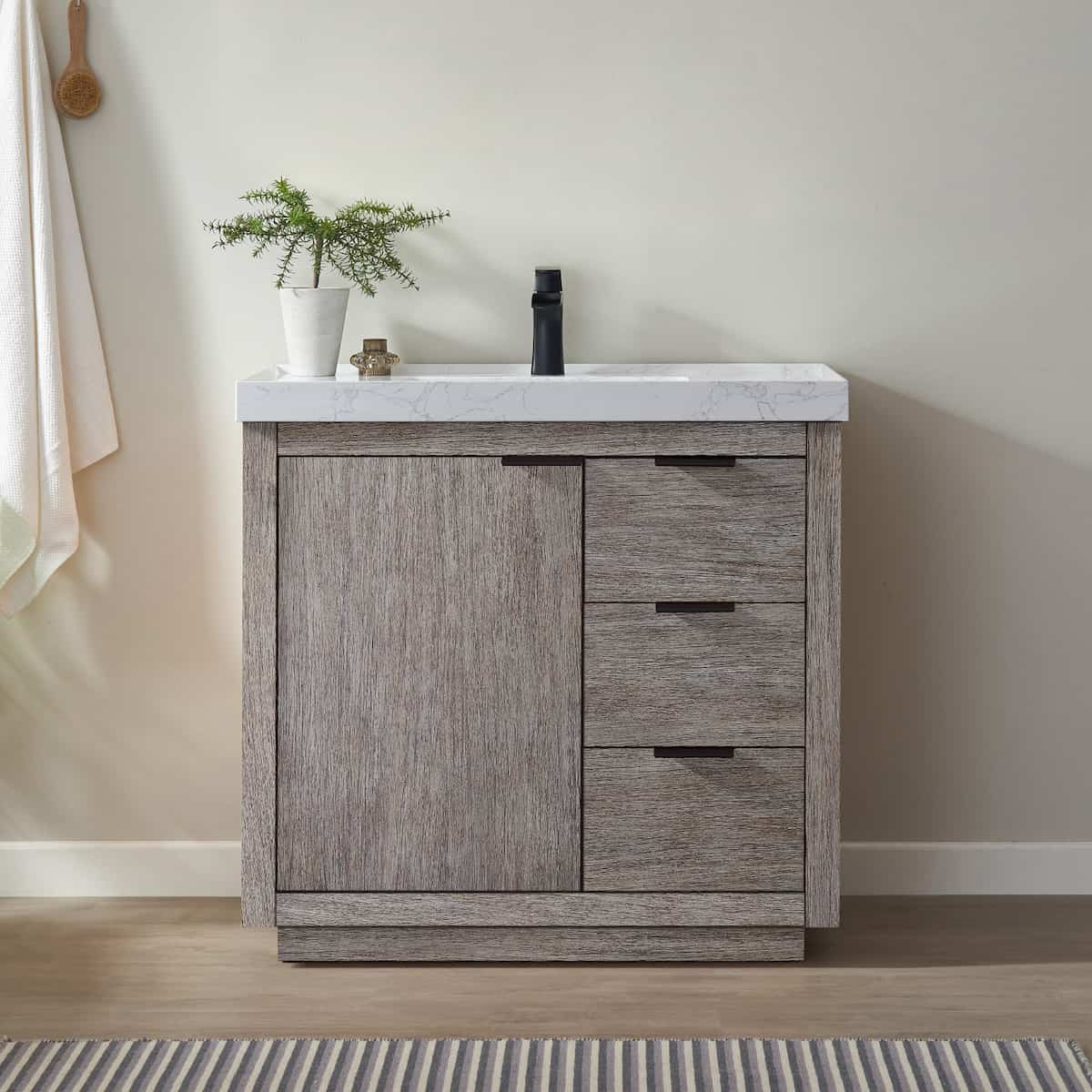 Vinnova Leiza 36 Inch Freestanding Single Sink Vanity in Classical Grey with White Composite Grain Countertop Without Mirror in Bathroom 701536-CR-GW-NM