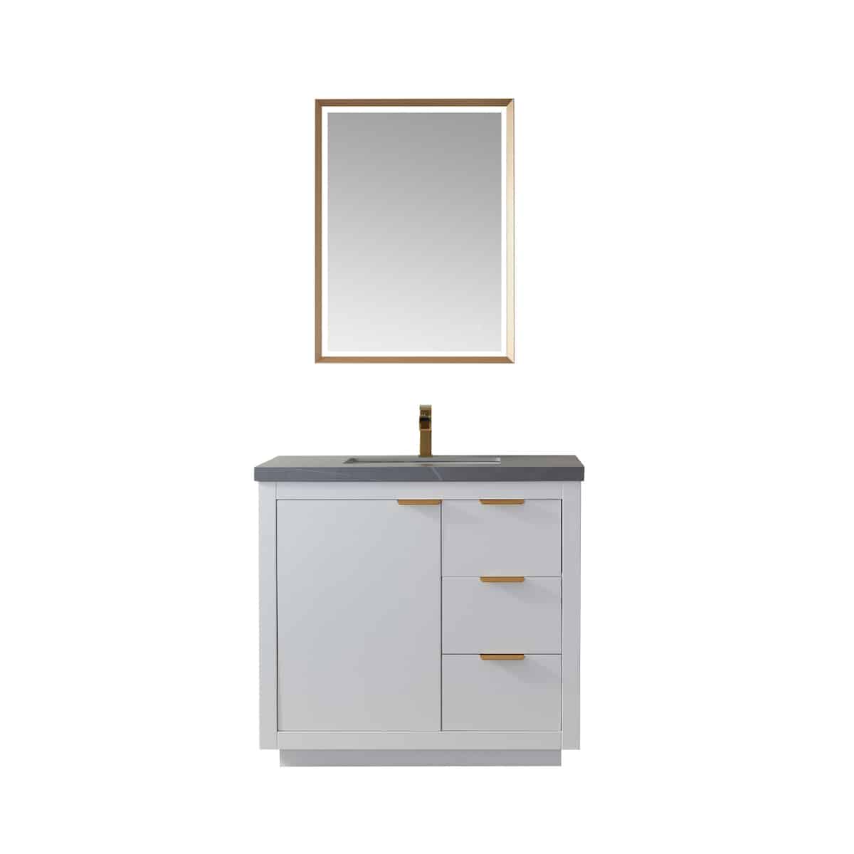 Vinnova Leiza 36 Inch Freestanding Single Sink Vanity in White with Grey Sintered Stone Countertop With Mirror 701536-WH-ALB