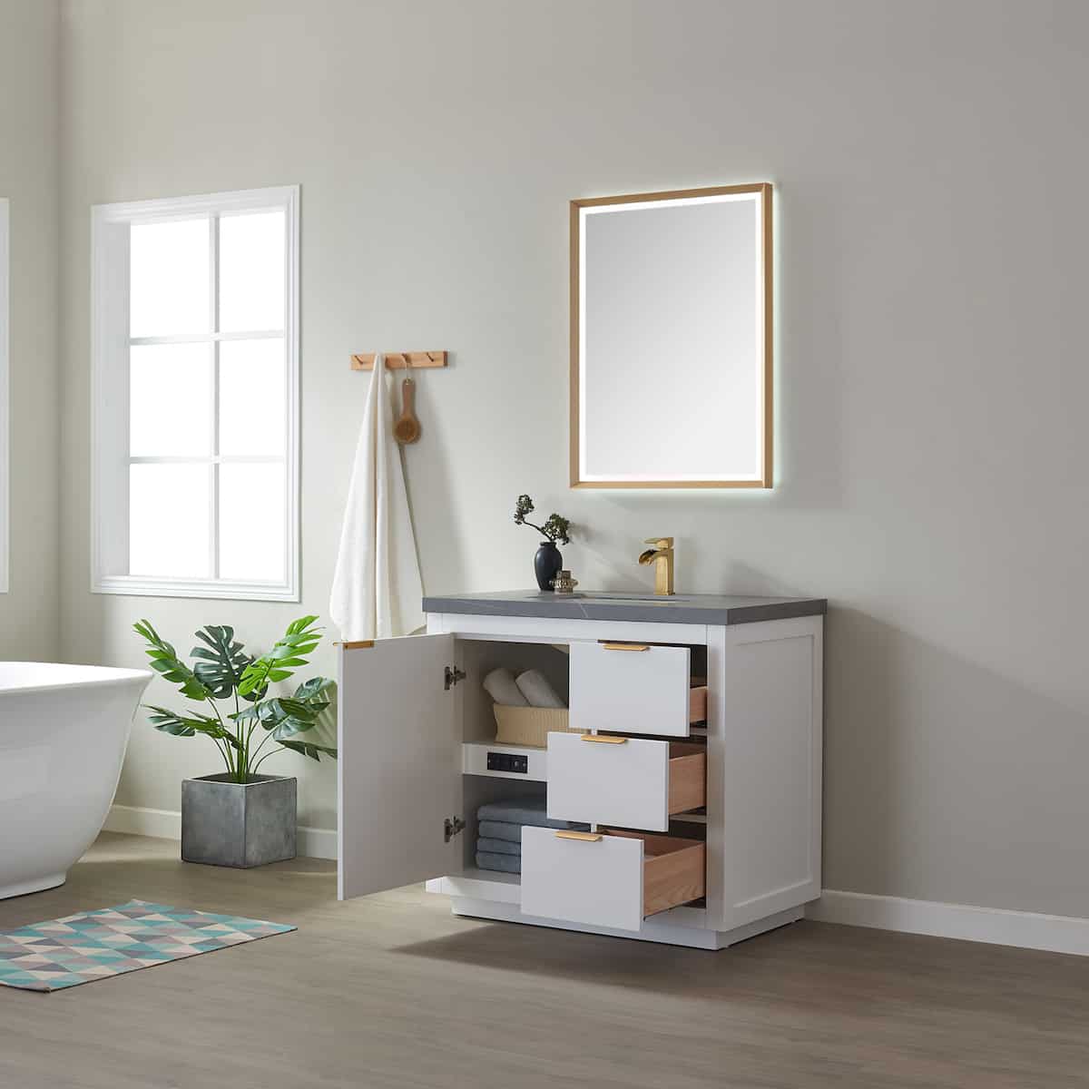 Vinnova Leiza 36 Inch Freestanding Single Sink Vanity in White with Grey Sintered Stone Countertop With Mirror Inside 701536-WH-ALB