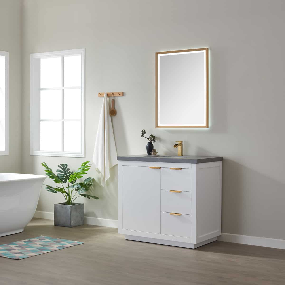 Vinnova Leiza 36 Inch Freestanding Single Sink Vanity in White with Grey Sintered Stone Countertop With Mirror Side 701536-WH-ALB