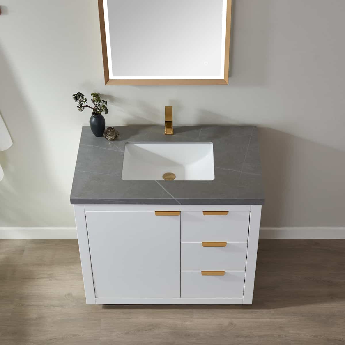 Vinnova Leiza 36 Inch Freestanding Single Sink Vanity in White with Grey Sintered Stone Countertop With Mirror Sink 701536-WH-ALB