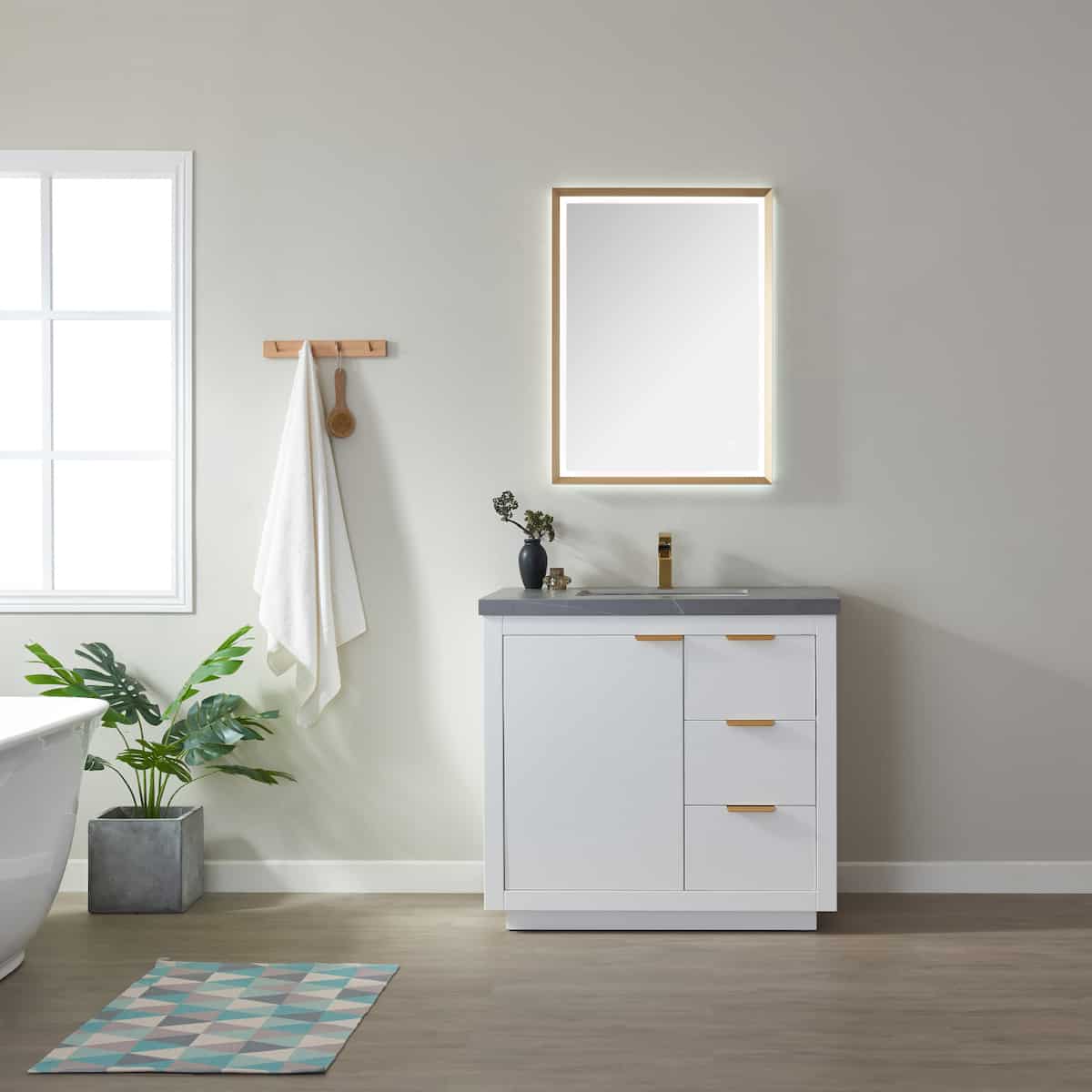 Vinnova Leiza 36 Inch Freestanding Single Sink Vanity in White with Grey Sintered Stone Countertop With Mirror in Bathroom 701536-WH-ALB