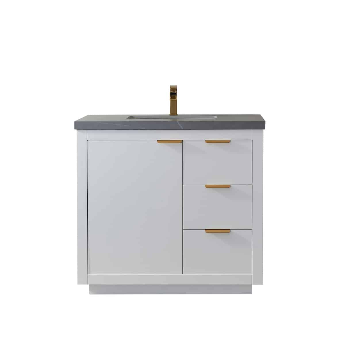 Vinnova Leiza 36 Inch Freestanding Single Sink Vanity in White with Grey Sintered Stone Countertop Without Mirror 701536-WH-ALB-NM