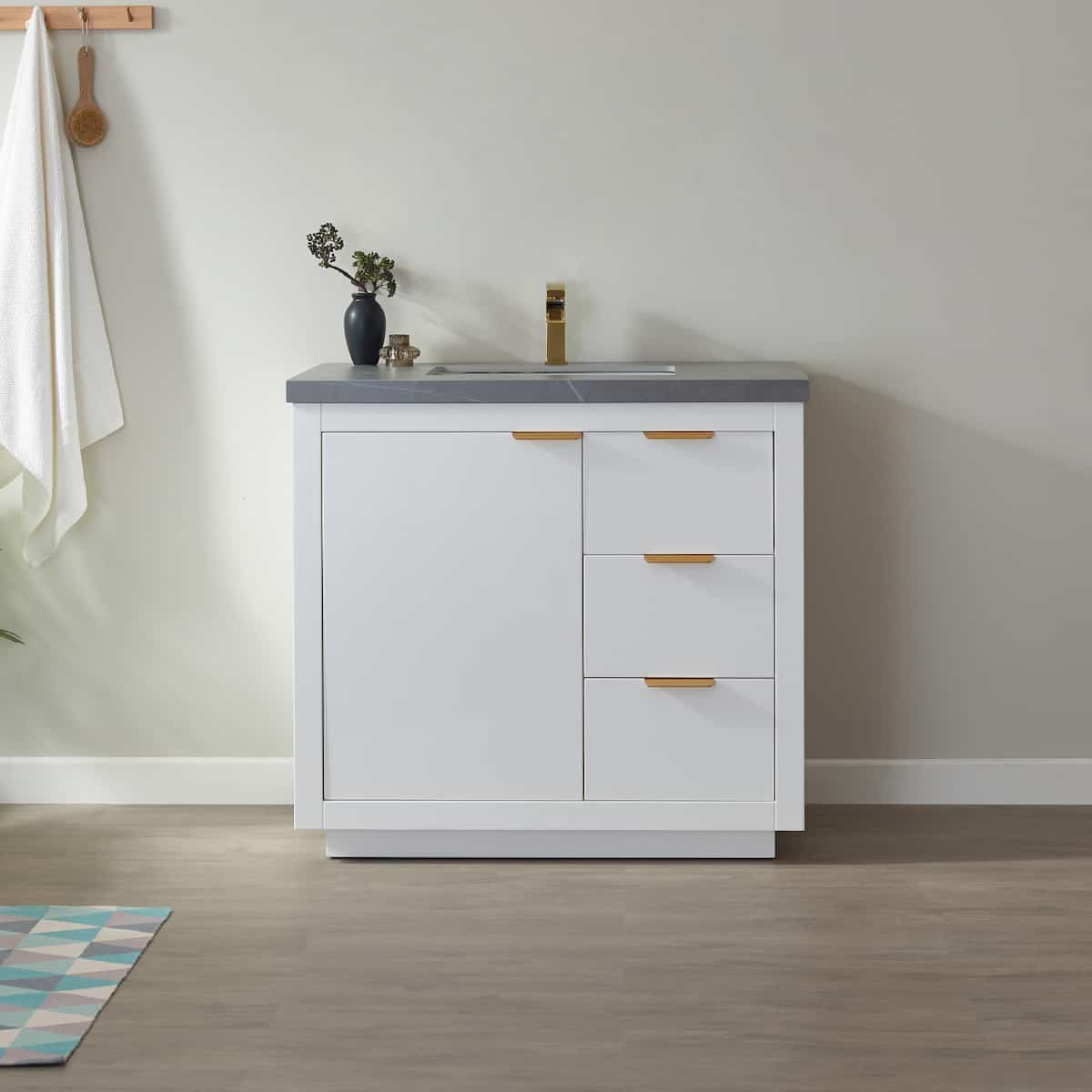 Vinnova Leiza 36 Inch Freestanding Single Sink Vanity in White with Grey Sintered Stone Countertop Without Mirror in Bathroom 701536-WH-ALB-NM