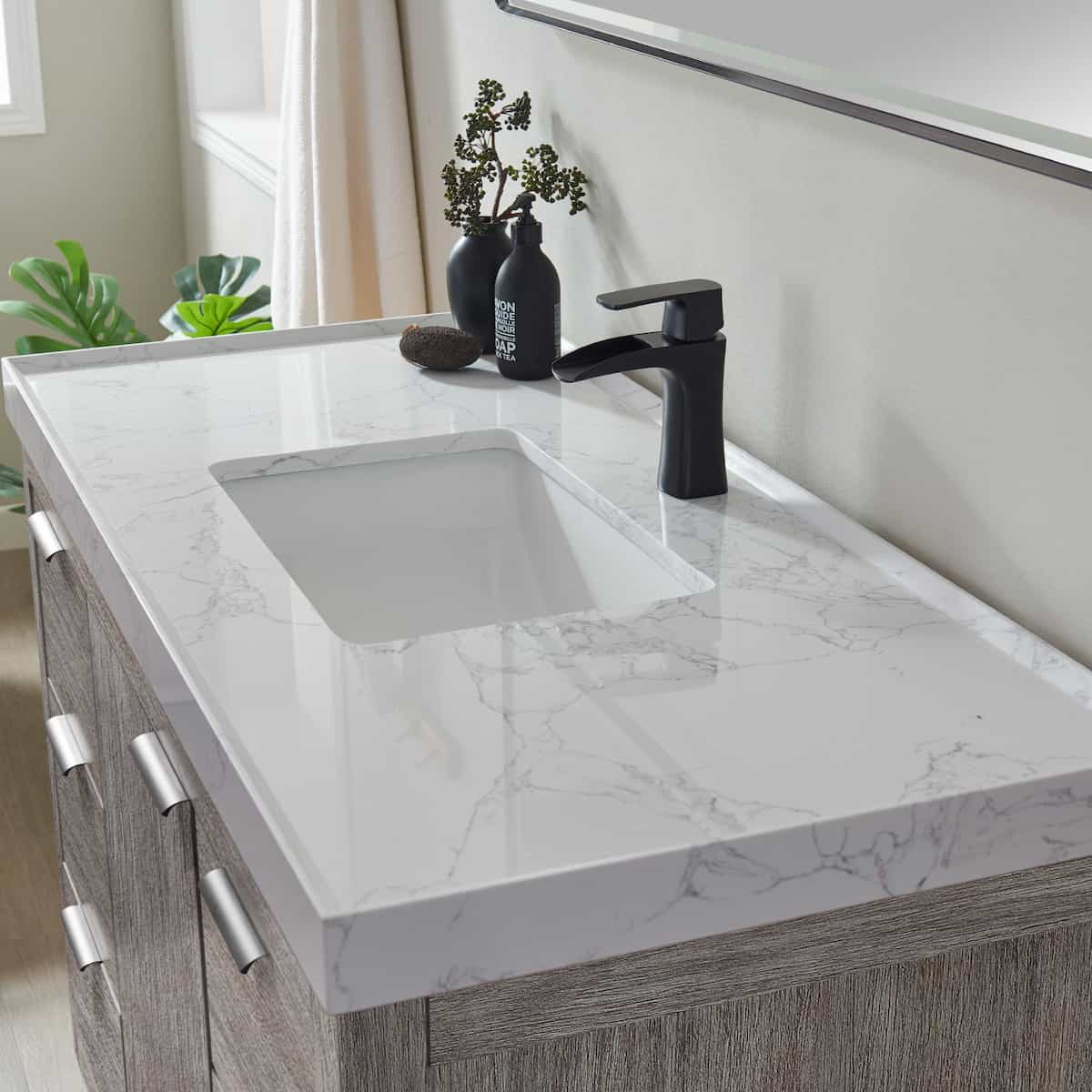 Vinnova Leiza 48 Inch Freestanding Single Sink Vanity in Classical Grey with White Composite Grain Countertop With Mirror Counter Top 701548-CR-GW