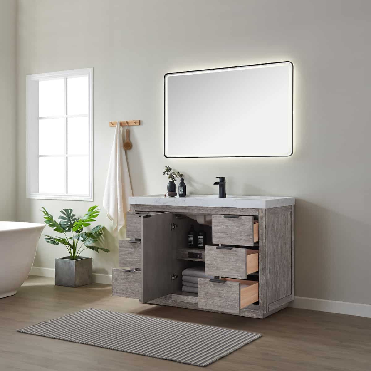 Vinnova Leiza 48 Inch Freestanding Single Sink Vanity in Classical Grey with White Composite Grain Countertop With Mirror Inside 701548-CR-GW