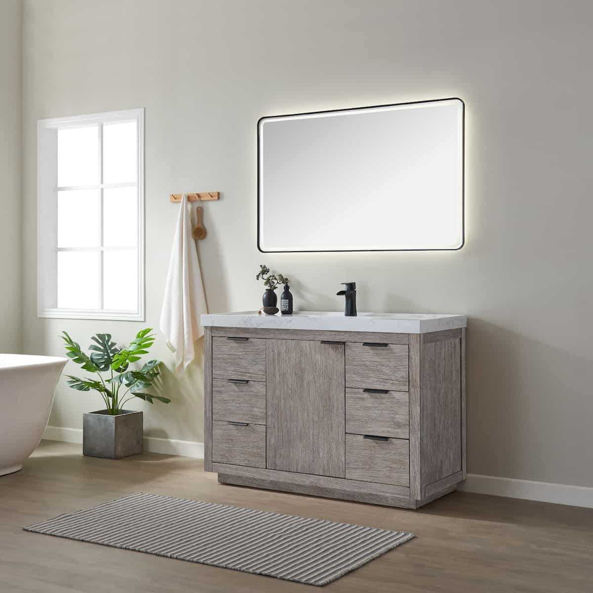 Vinnova Leiza 48 Inch Freestanding Single Sink Vanity in Classical Grey with White Composite Grain Countertop With Mirror Side 701548-CR-GW