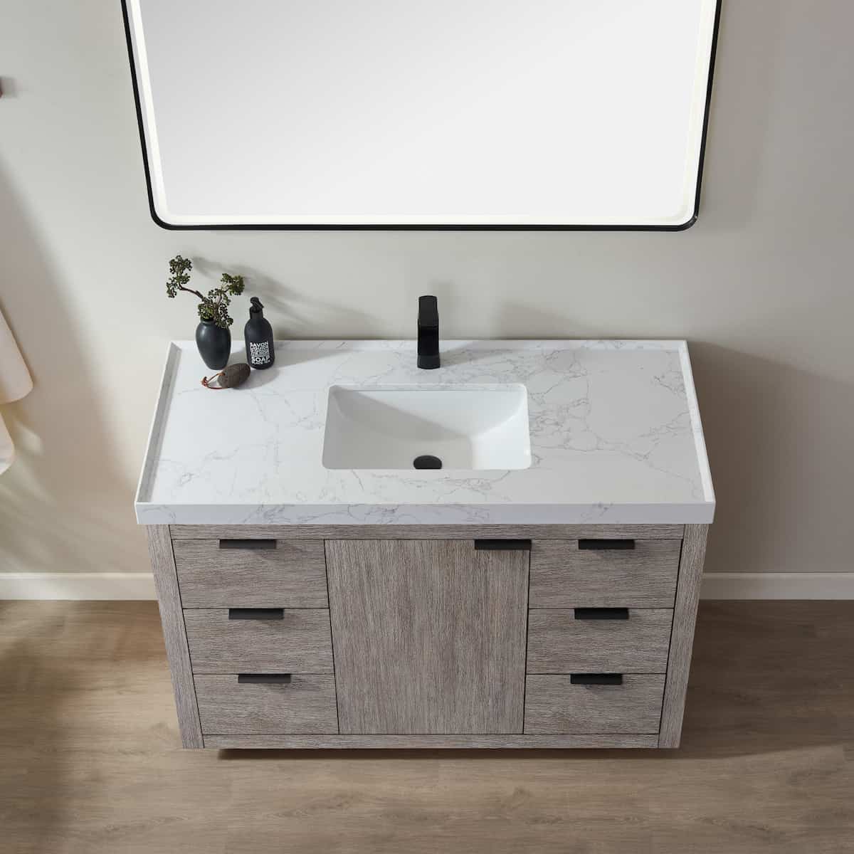 Vinnova Leiza 48 Inch Freestanding Single Sink Vanity in Classical Grey with White Composite Grain Countertop With Mirror Sink 701548-CR-GW