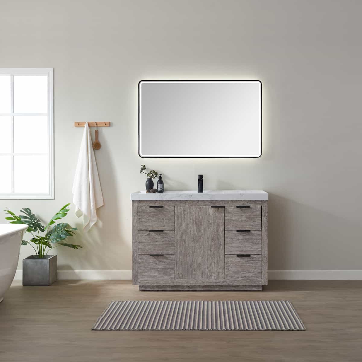 Vinnova Leiza 48 Inch Freestanding Single Sink Vanity in Classical Grey with White Composite Grain Countertop With Mirror in Bathroom 701548-CR-GW