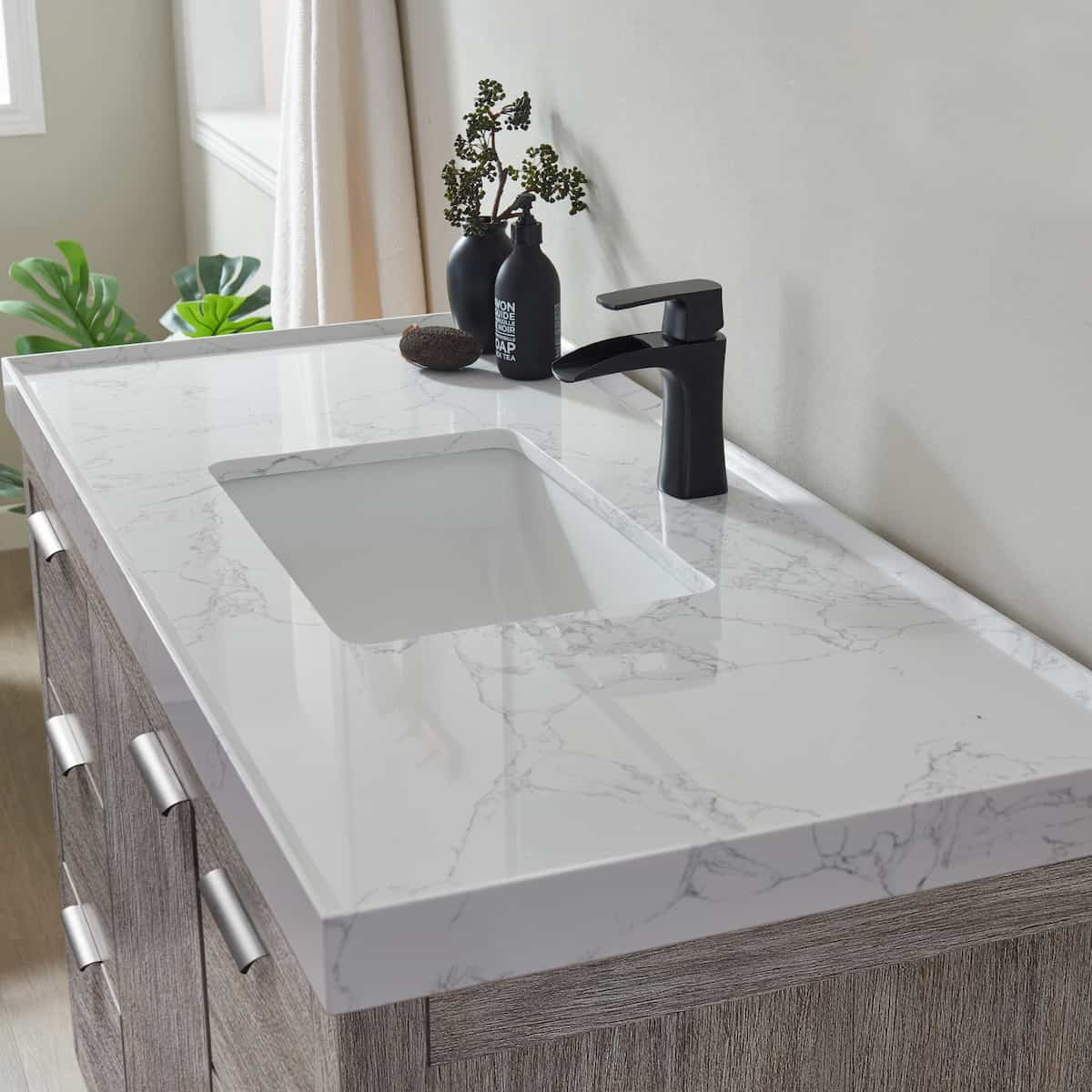 Vinnova Leiza 48 Inch Freestanding Single Sink Vanity in Classical Grey with White Composite Grain Countertop Without Mirror Counter Top 701548-CR-GW-NM