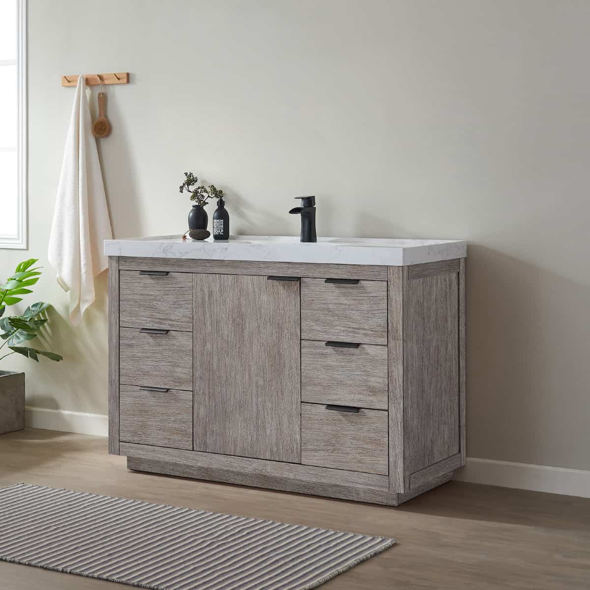 Vinnova Leiza 48 Inch Freestanding Single Sink Vanity in Classical Grey with White Composite Grain Countertop Without Mirror Side 701548-CR-GW-NM