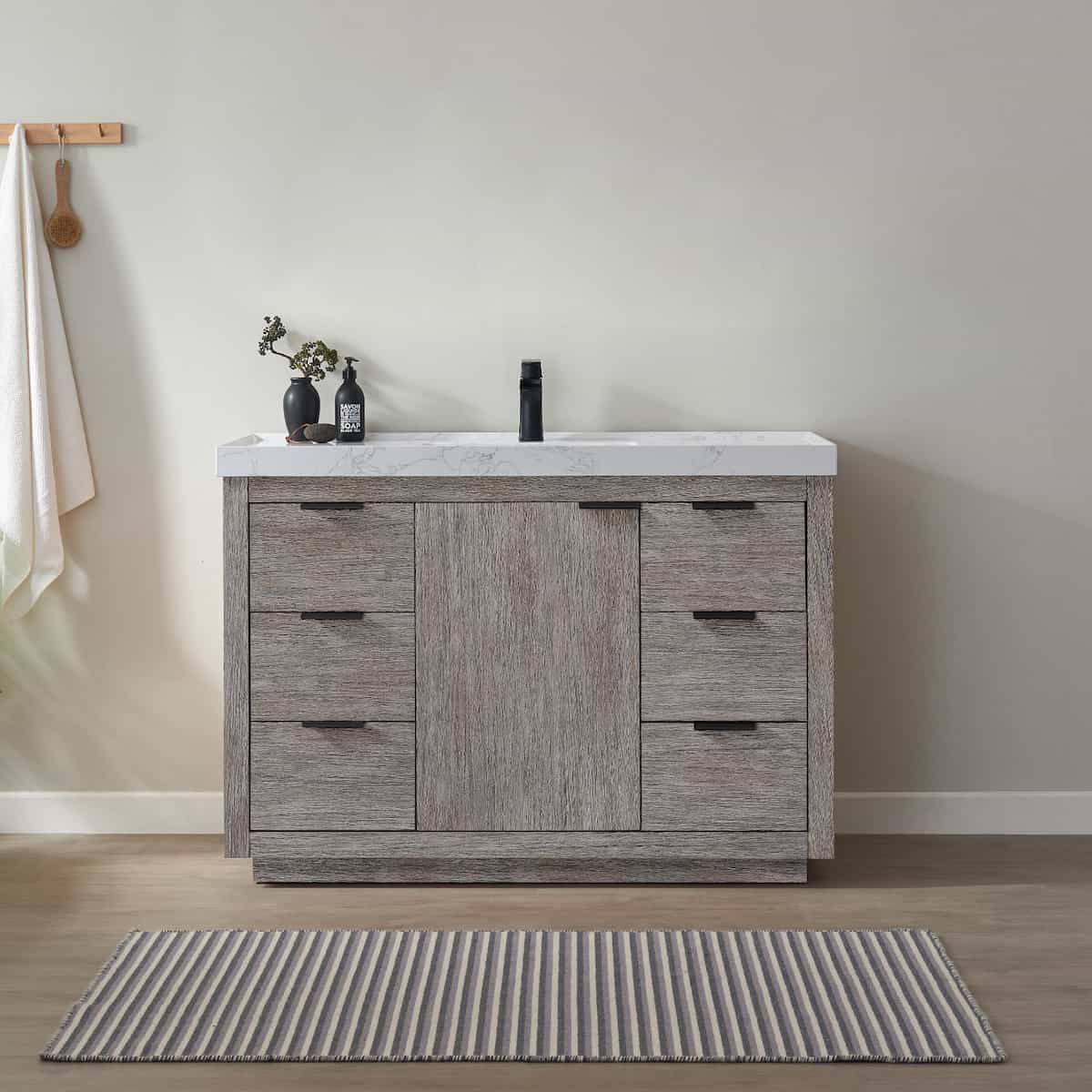 Vinnova Leiza 48 Inch Freestanding Single Sink Vanity in Classical Grey with White Composite Grain Countertop Without Mirror in Bathroom 701548-CR-GW-NM