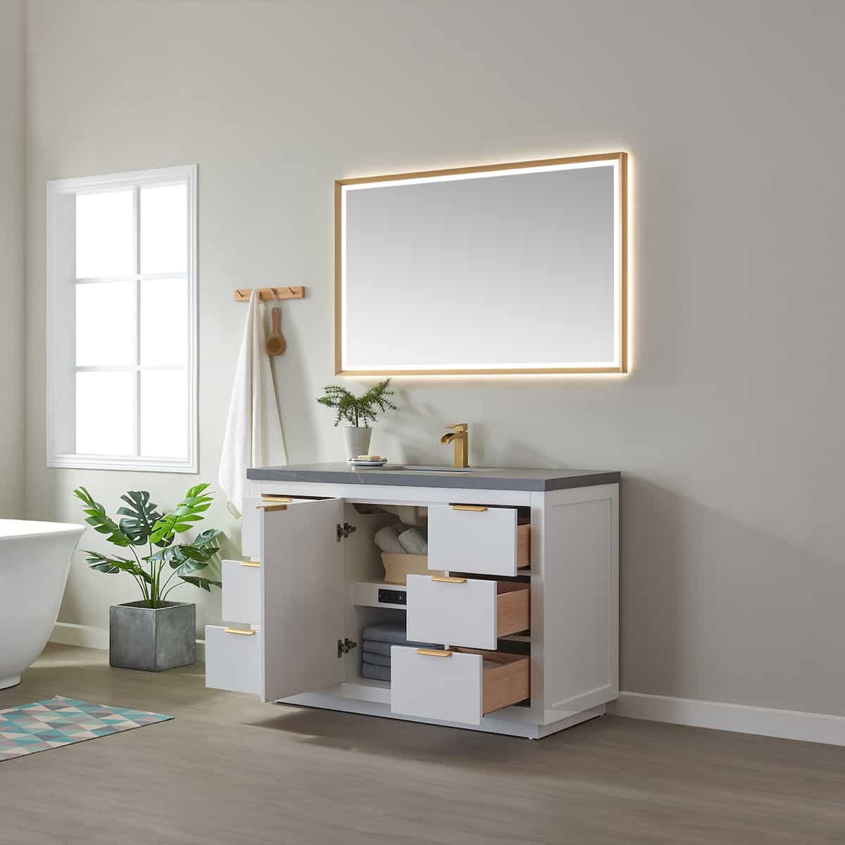 Vinnova Leiza 48 Inch Freestanding Single Sink Vanity in White with Grey Sintered Stone Countertop With Mirror Inside 701548-WH-ALB