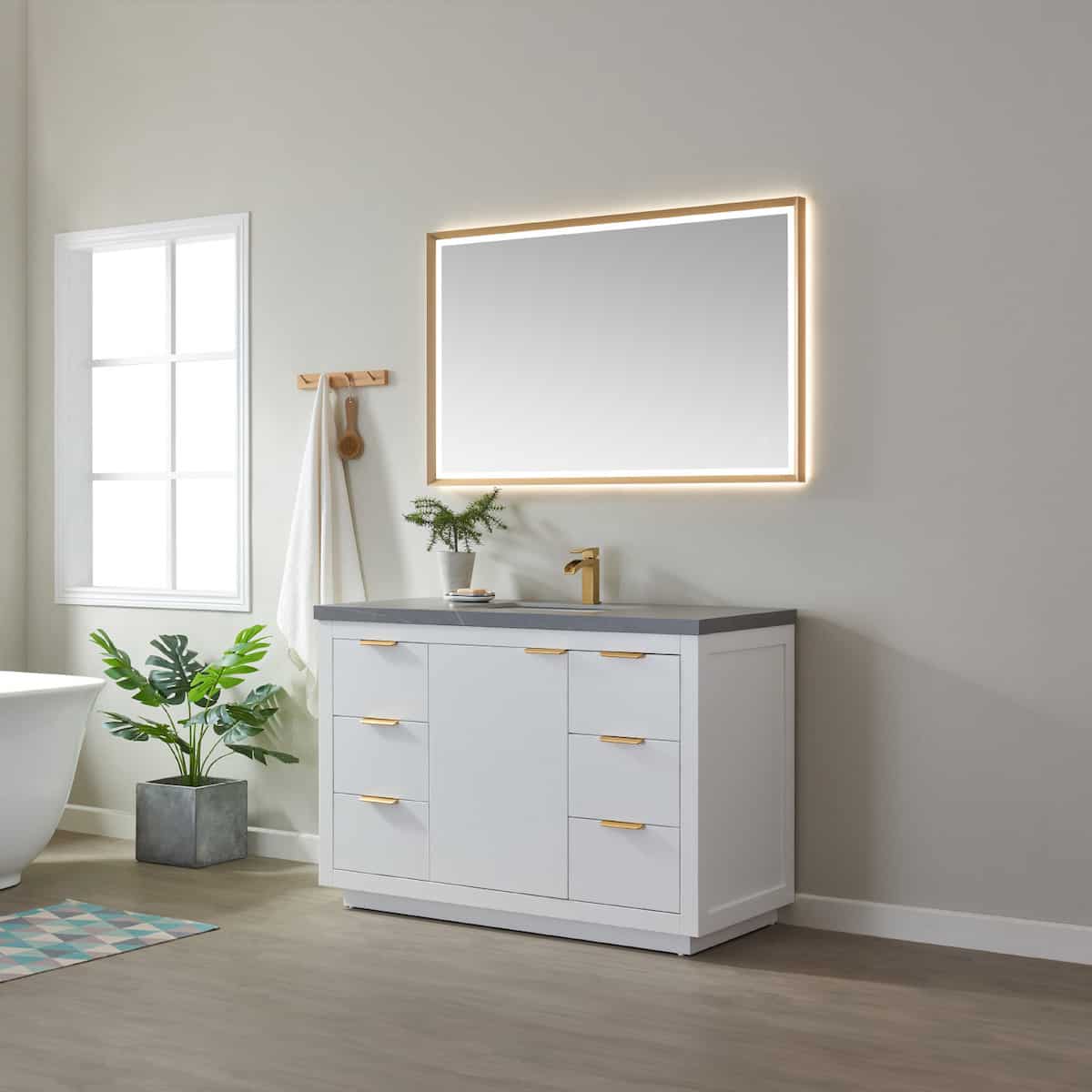 Vinnova Leiza 48 Inch Freestanding Single Sink Vanity in White with Grey Sintered Stone Countertop With Mirror Side 701548-WH-ALB