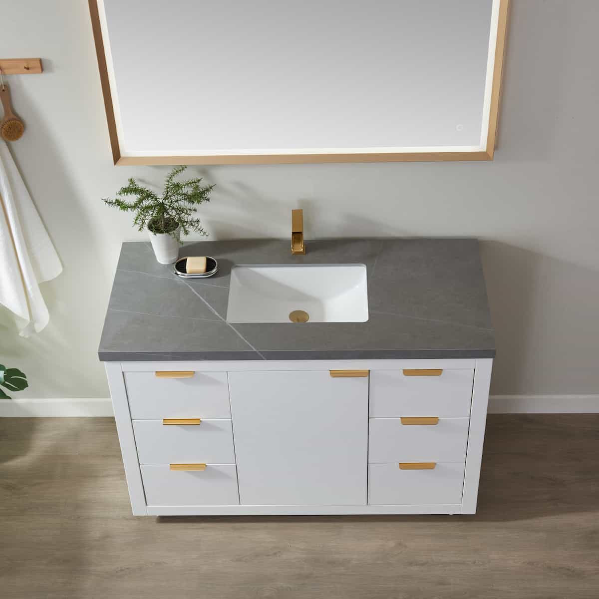 Vinnova Leiza 48 Inch Freestanding Single Sink Vanity in White with Grey Sintered Stone Countertop With Mirror Sink 701548-WH-ALB