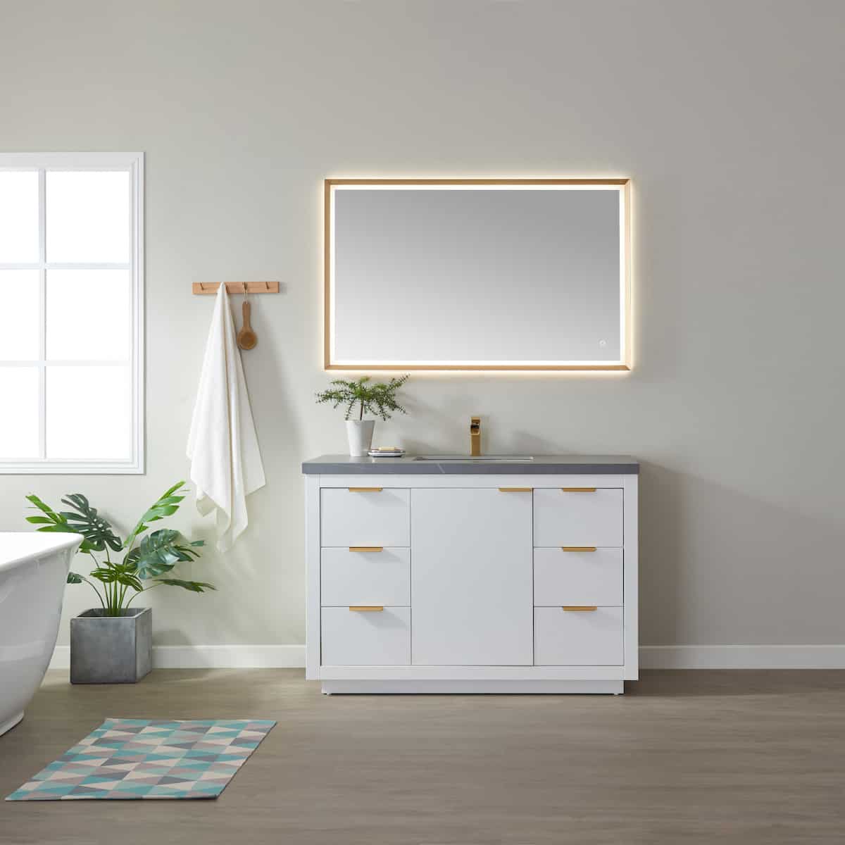 Vinnova Leiza 48 Inch Freestanding Single Sink Vanity in White with Grey Sintered Stone Countertop With Mirror in Bathroom 701548-WH-ALB