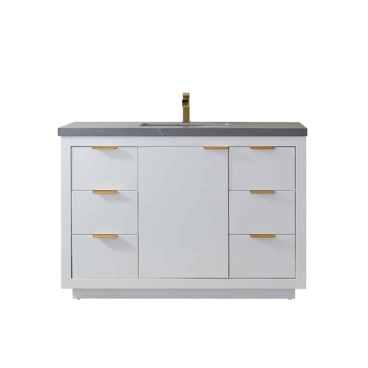 Vinnova Leiza 48 Inch Freestanding Single Sink Vanity in White with Grey Sintered Stone Countertop Without Mirror 701548-WH-ALB-NM
