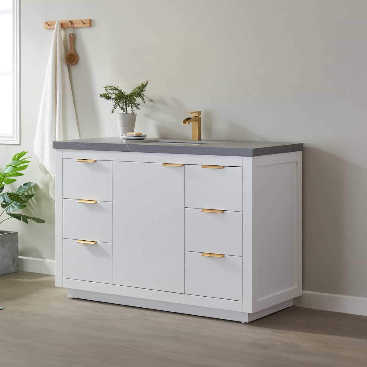 Vinnova Leiza 48 Inch Freestanding Single Sink Vanity in White with Grey Sintered Stone Countertop Without Mirror Side 701548-WH-ALB-NM