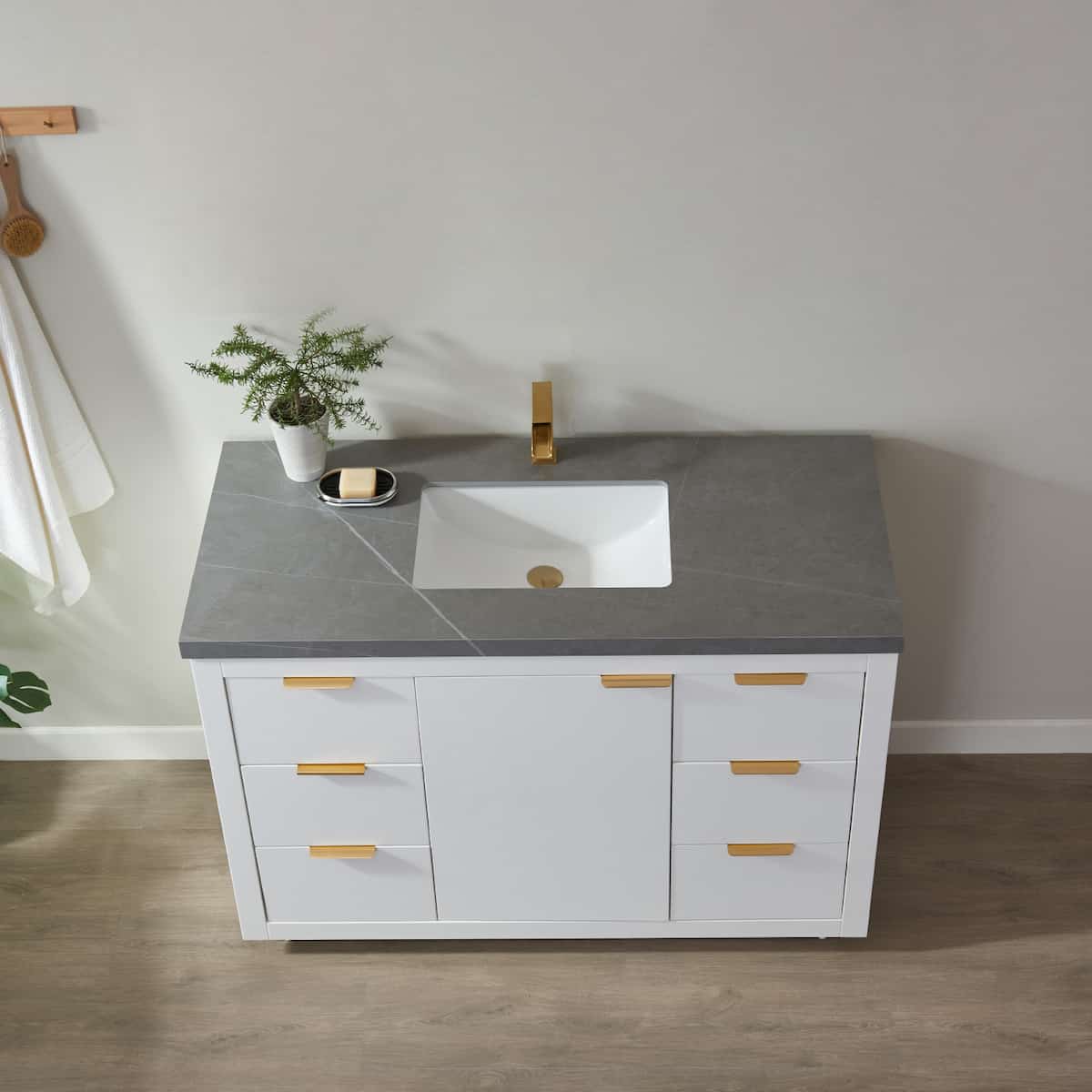 Vinnova Leiza 48 Inch Freestanding Single Sink Vanity in White with Grey Sintered Stone Countertop Without Mirror Sink 701548-WH-ALB-NM