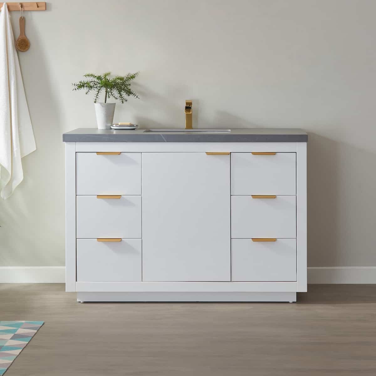 Vinnova Leiza 48 Inch Freestanding Single Sink Vanity in White with Grey Sintered Stone Countertop Without Mirror in Bathroom 701548-WH-ALB-NM