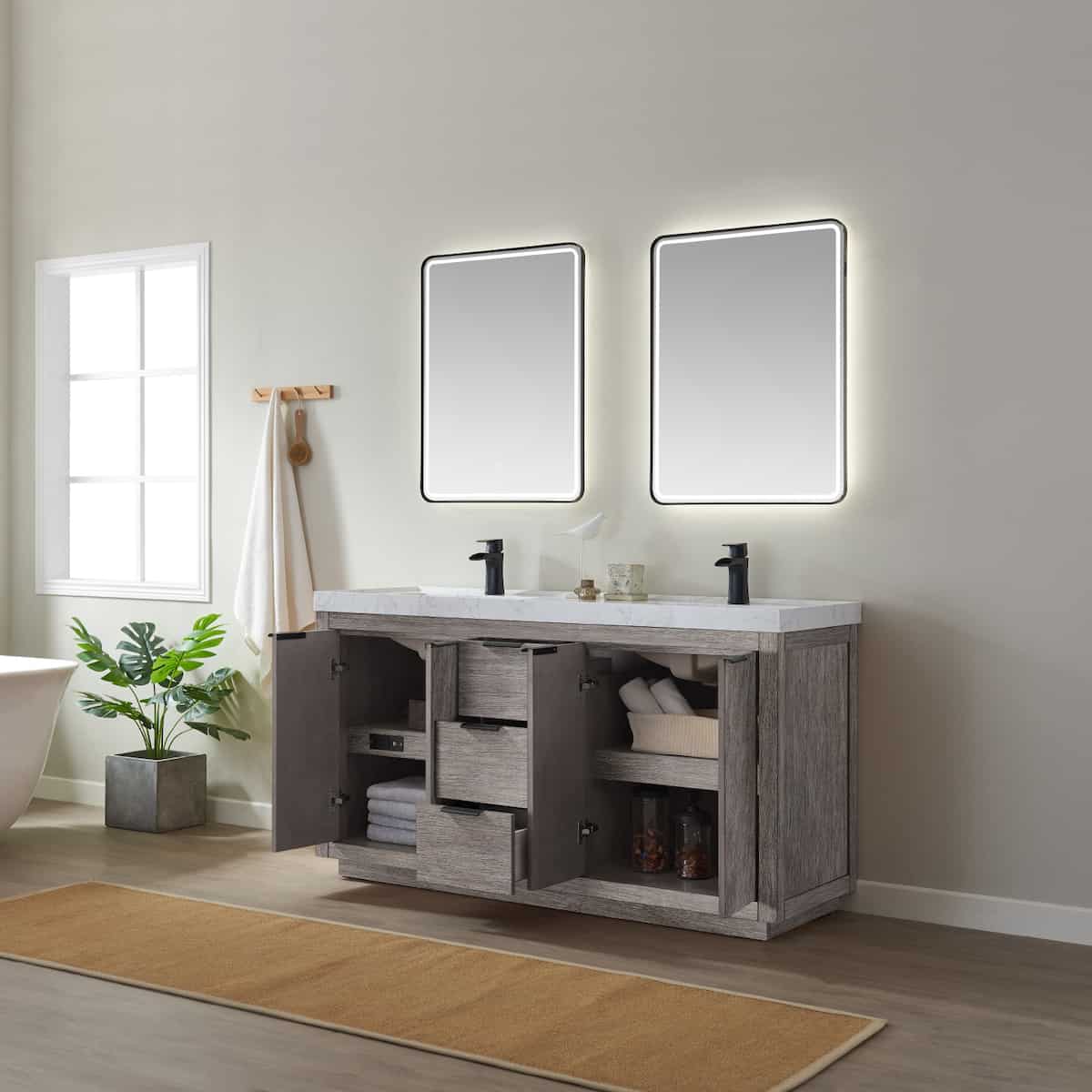 Vinnova Leiza 60 Inch Freestanding Double Vanity in Classical Grey with White Composite Grain Countertop With Mirror Inside 701560-CR-GW