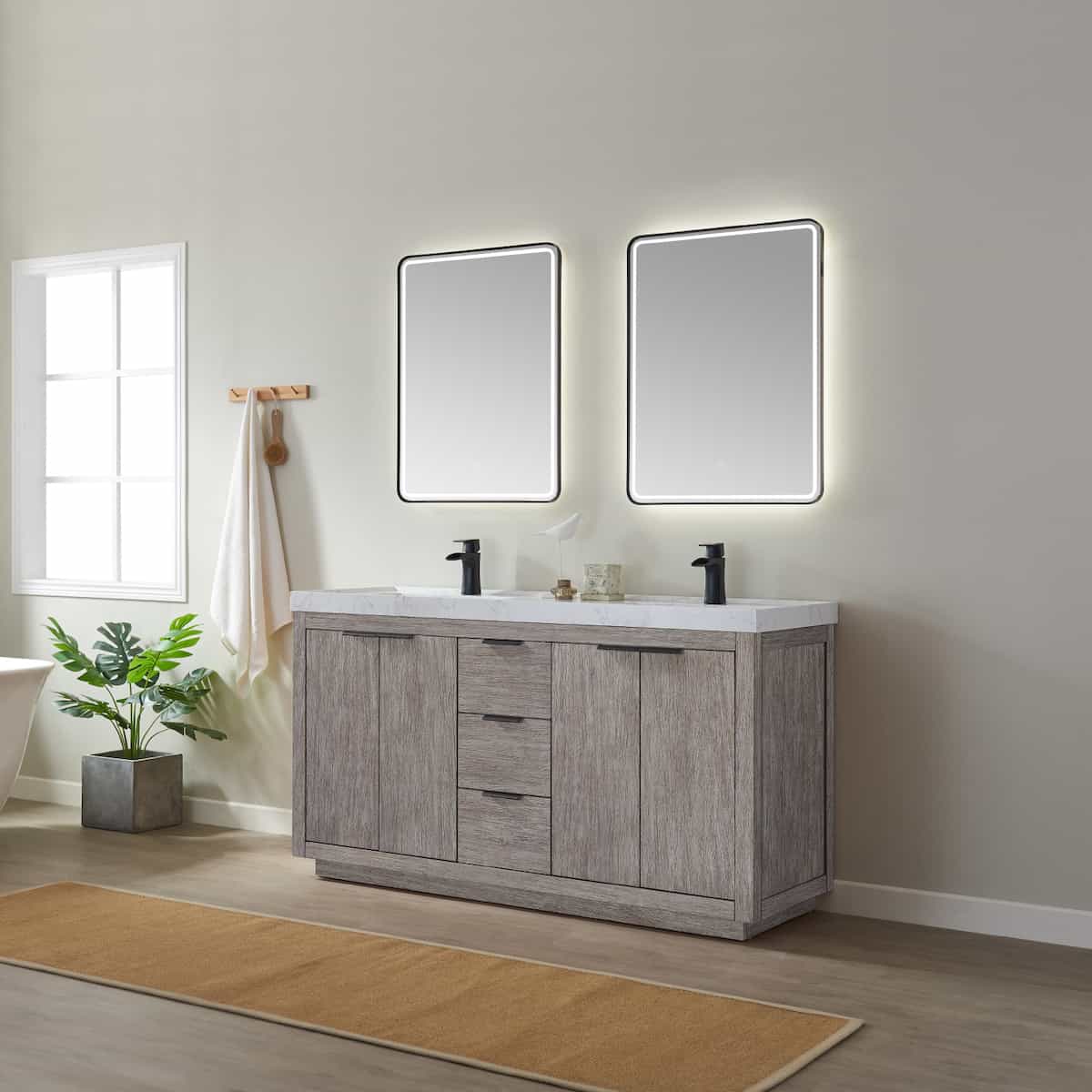 Vinnova Leiza 60 Inch Freestanding Double Vanity in Classical Grey with White Composite Grain Countertop With Mirror Side 701560-CR-GW
